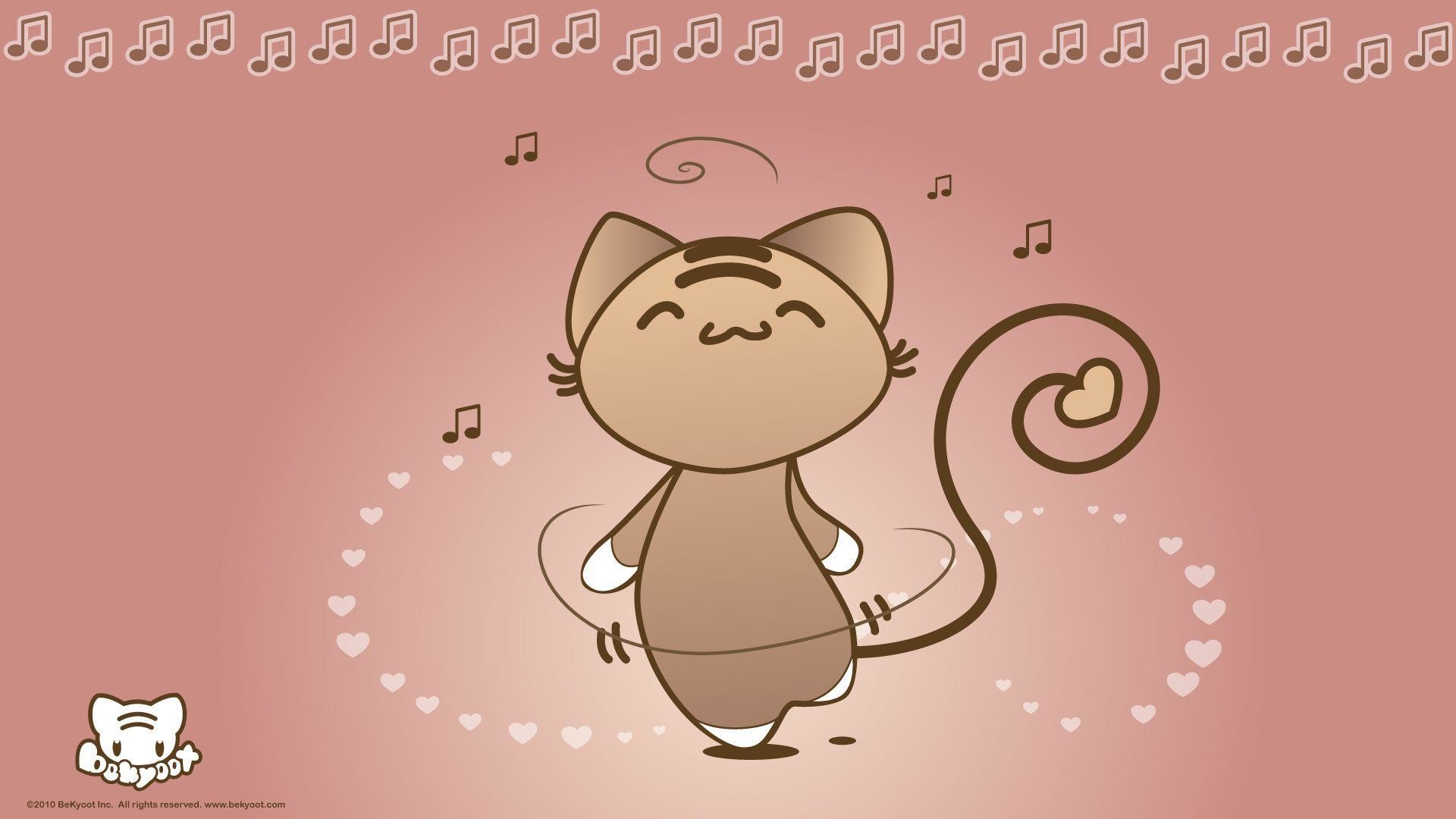 Gattino kawaii, Note musicali, Cuori, Rosa antico, Illustrazione, sfondo 1920x1080 per PC