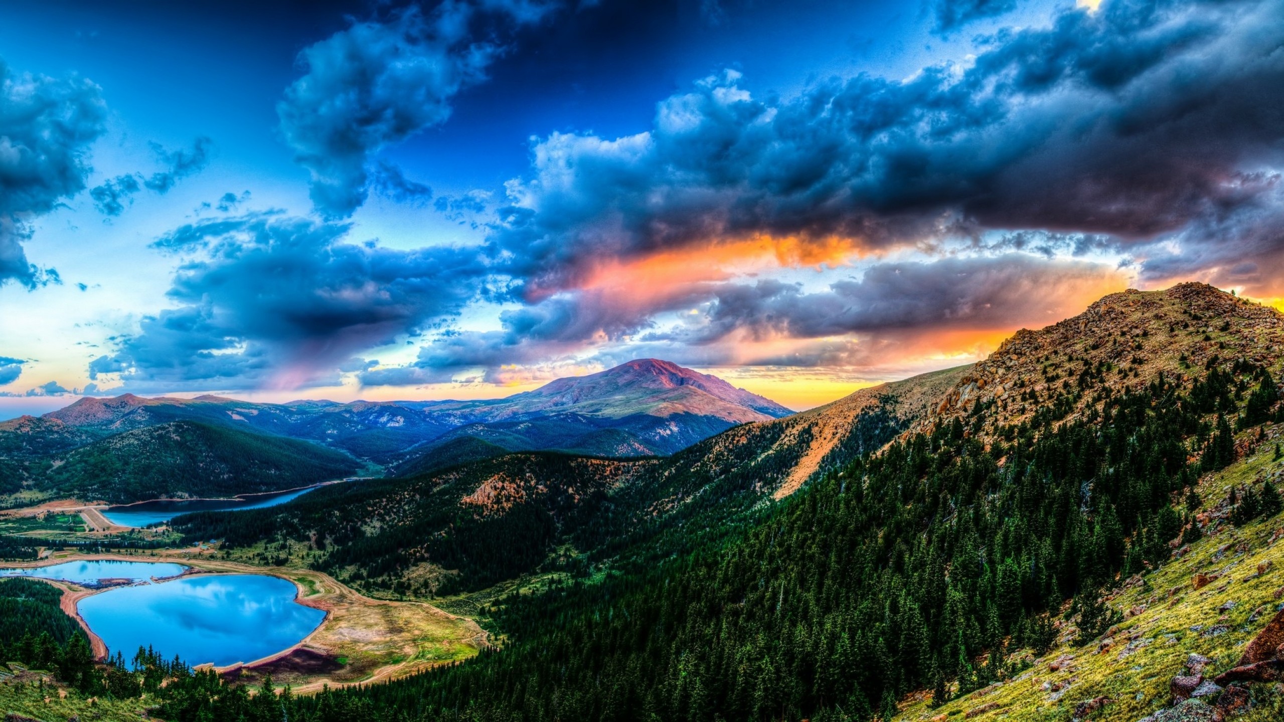 Montagne, Lago, Nuvole, Valle, Tramonto, 16:9 2K, sfondo widescreen