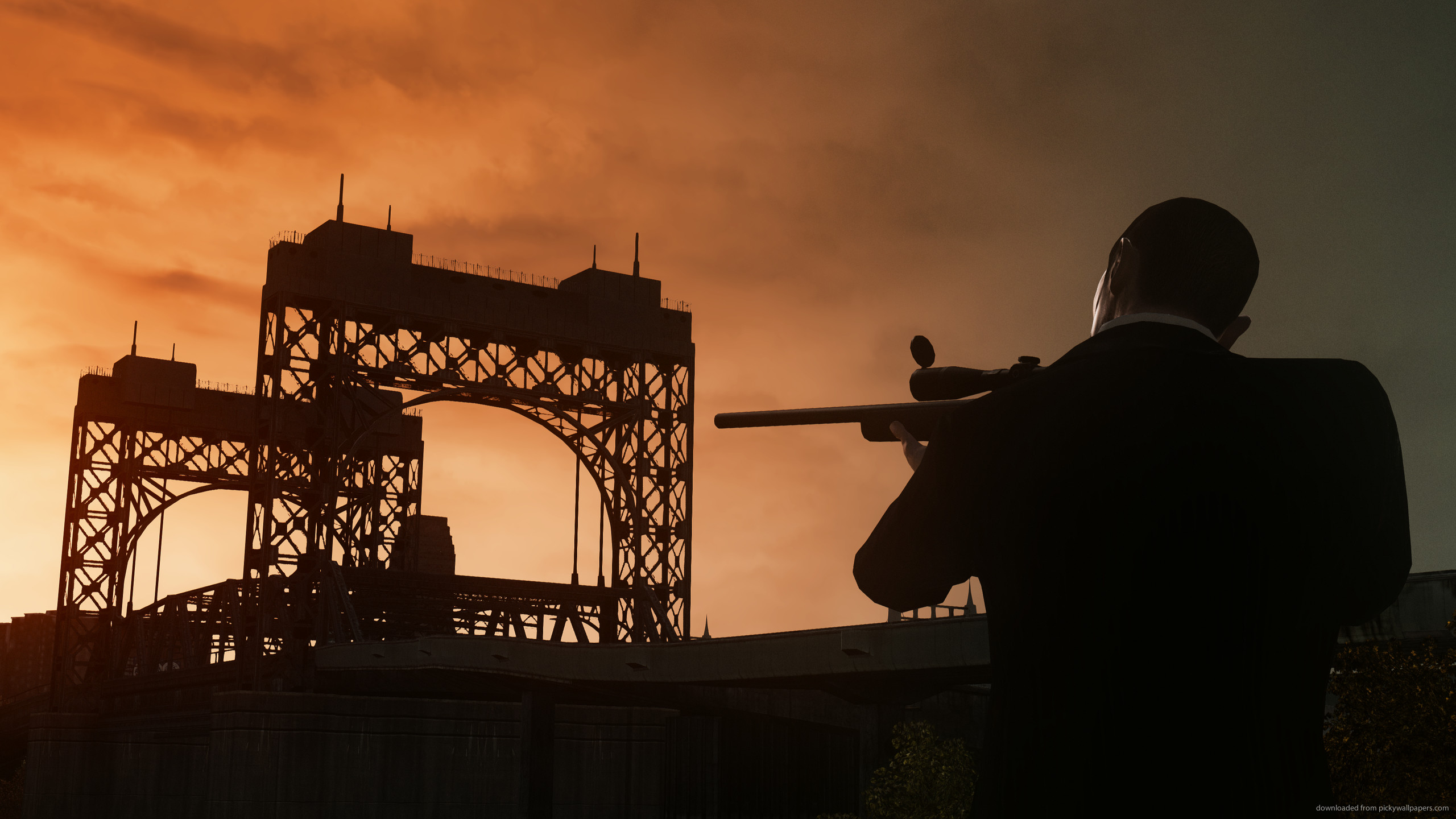 Hitman, Fucile di precisione, Silhouette, Tramonto, 2K, sfondo Windows 11