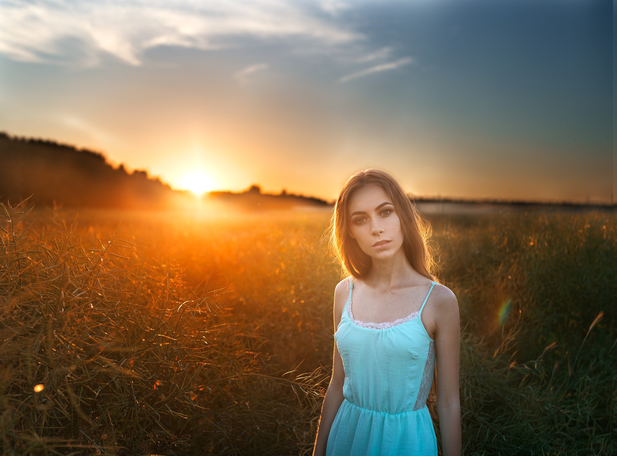 Ragazza, Tramonto, Campo, Abito azzurro, Full HD, schermata di blocco iPad