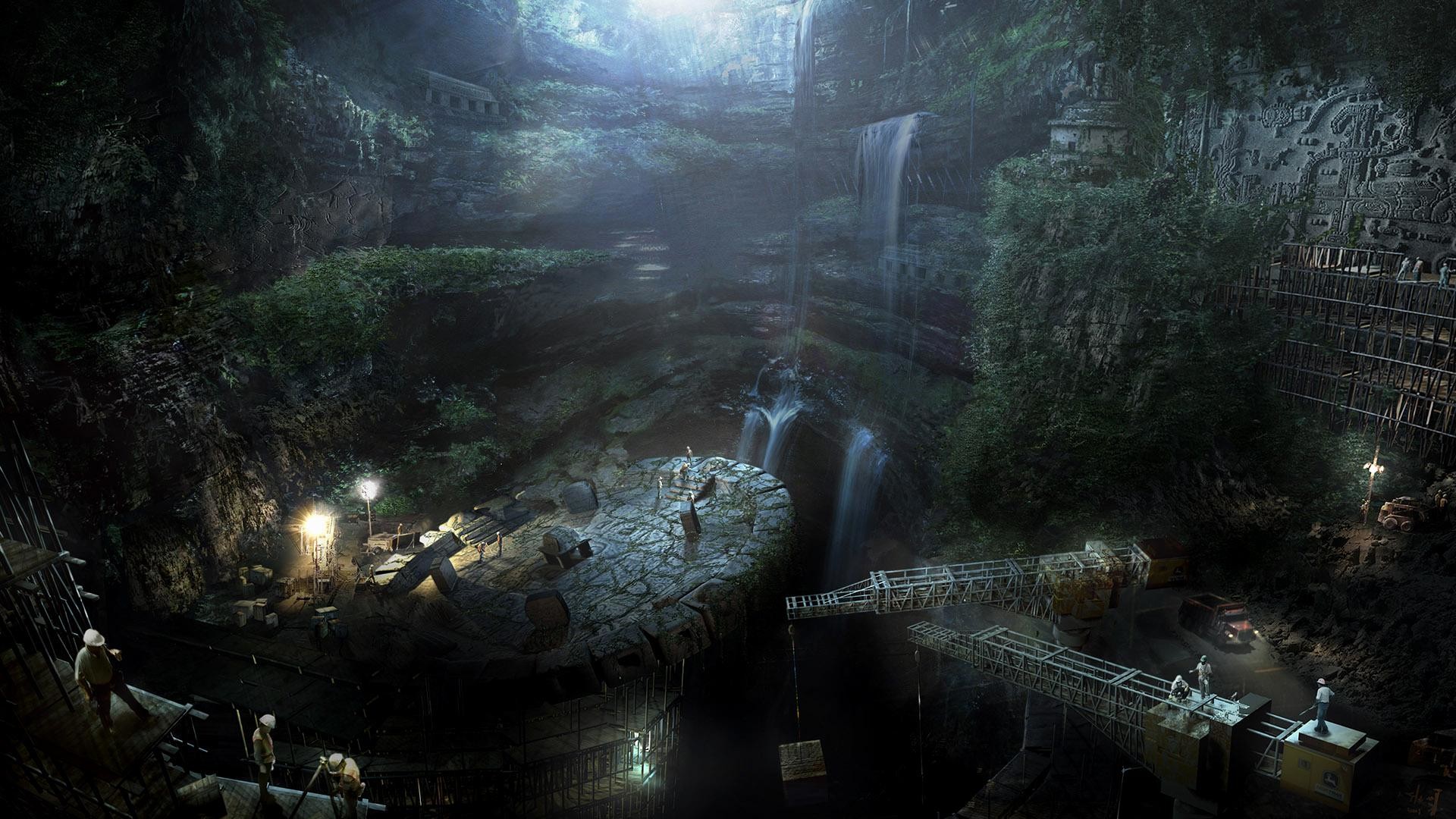 Città sotterranea, Cascata, Ponti, Fantasy, Luci, Arte concettuale, wallpaper 1920x1080