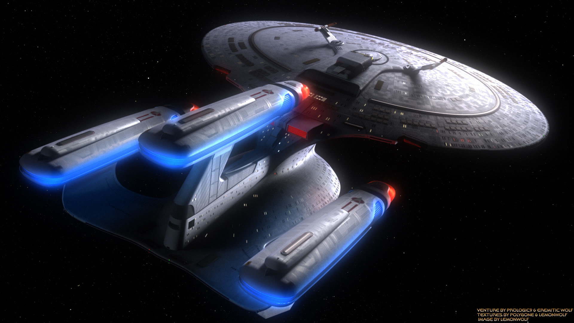 USS Enterprise (NCC-1701-D), Star Trek, Astronave, Luci blu, Sfondo nero, wallpaper Windows 11