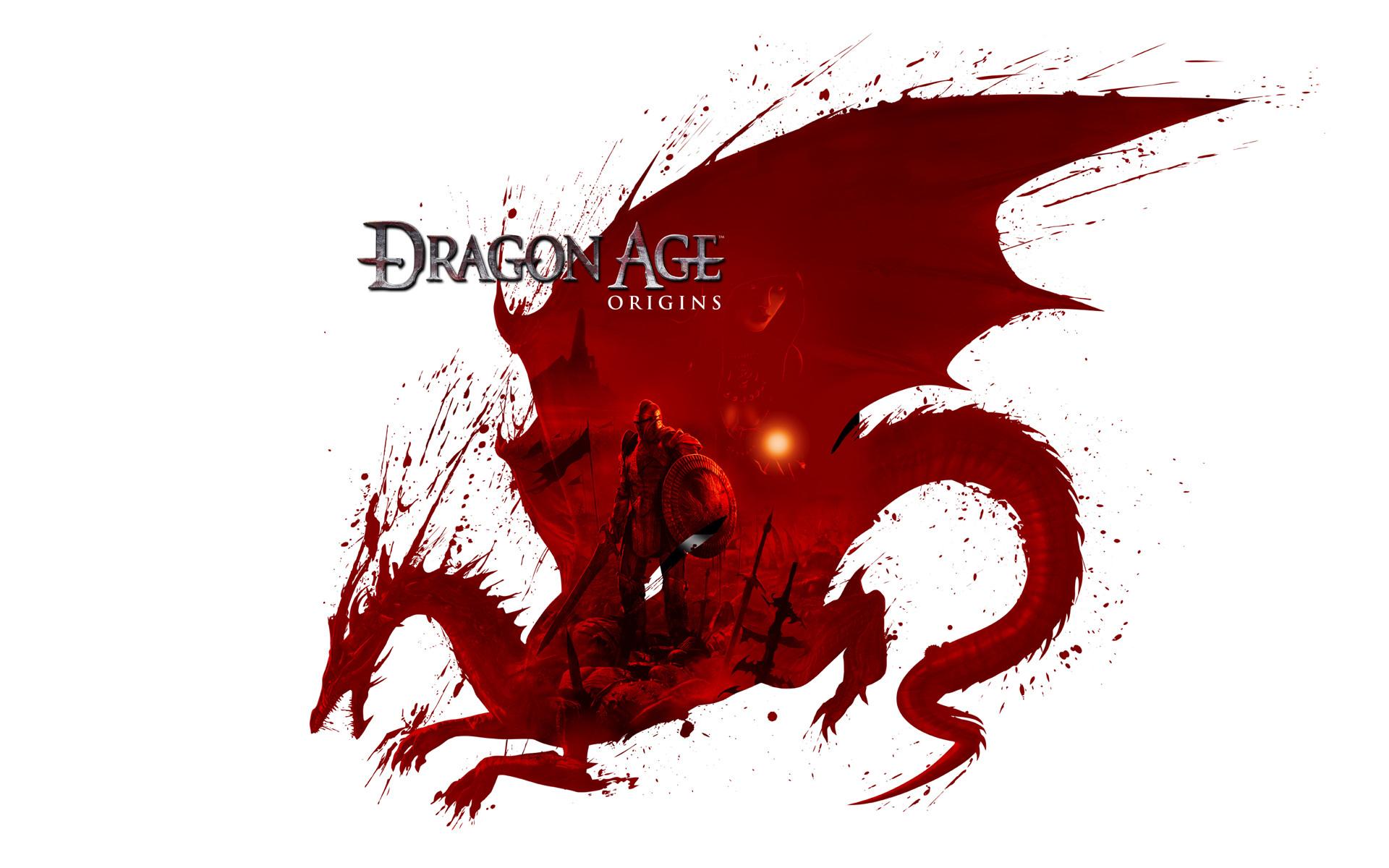 Dragon Age: Origins, Logo, Drago rosso, Schizzi di sangue, Sfondo bianco, wallpaper Windows 11