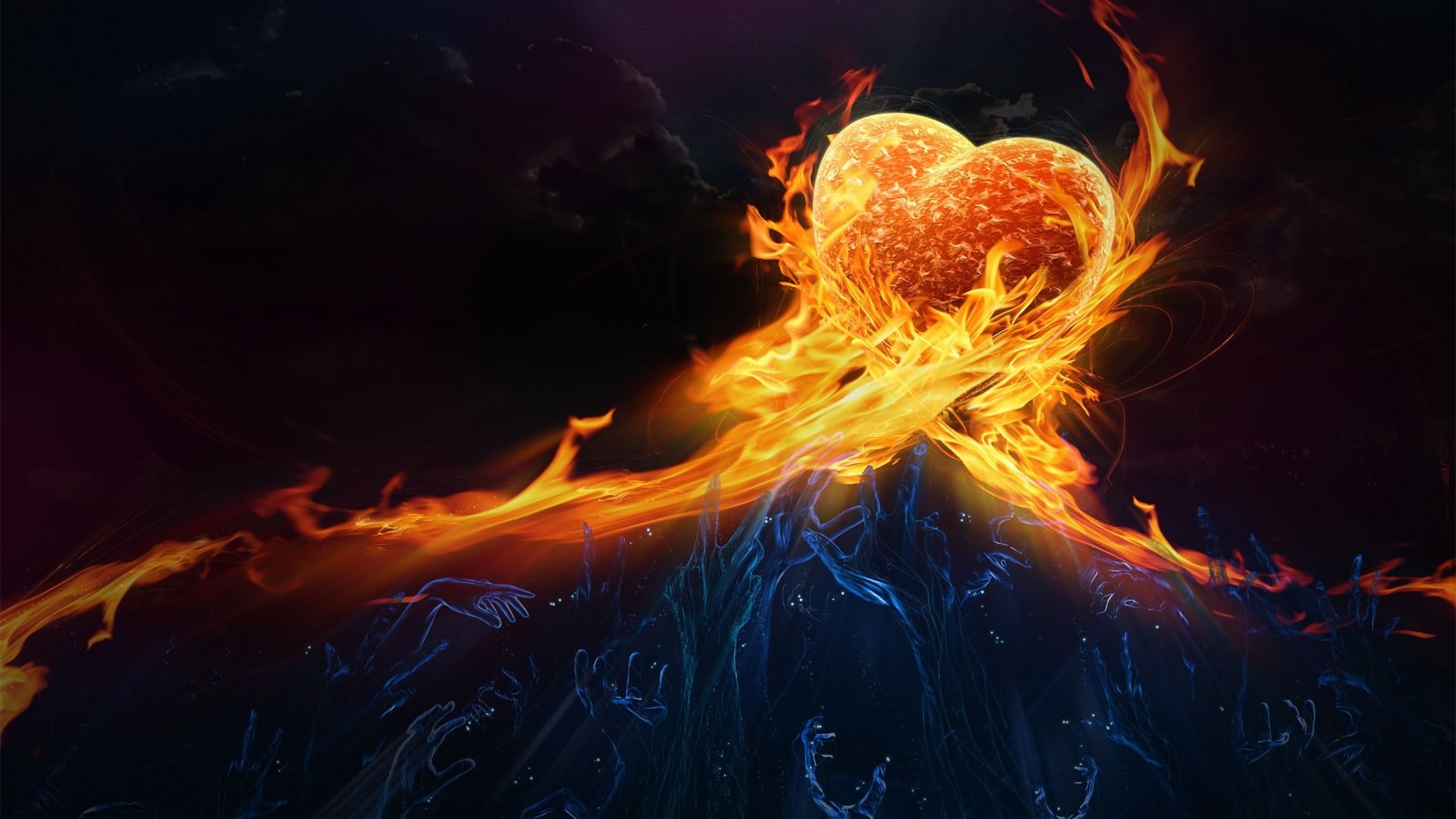 Cuore di fuoco, Fiamme, Sfondo nero, Arte digitale, 1920x1080, wallpaper desktop