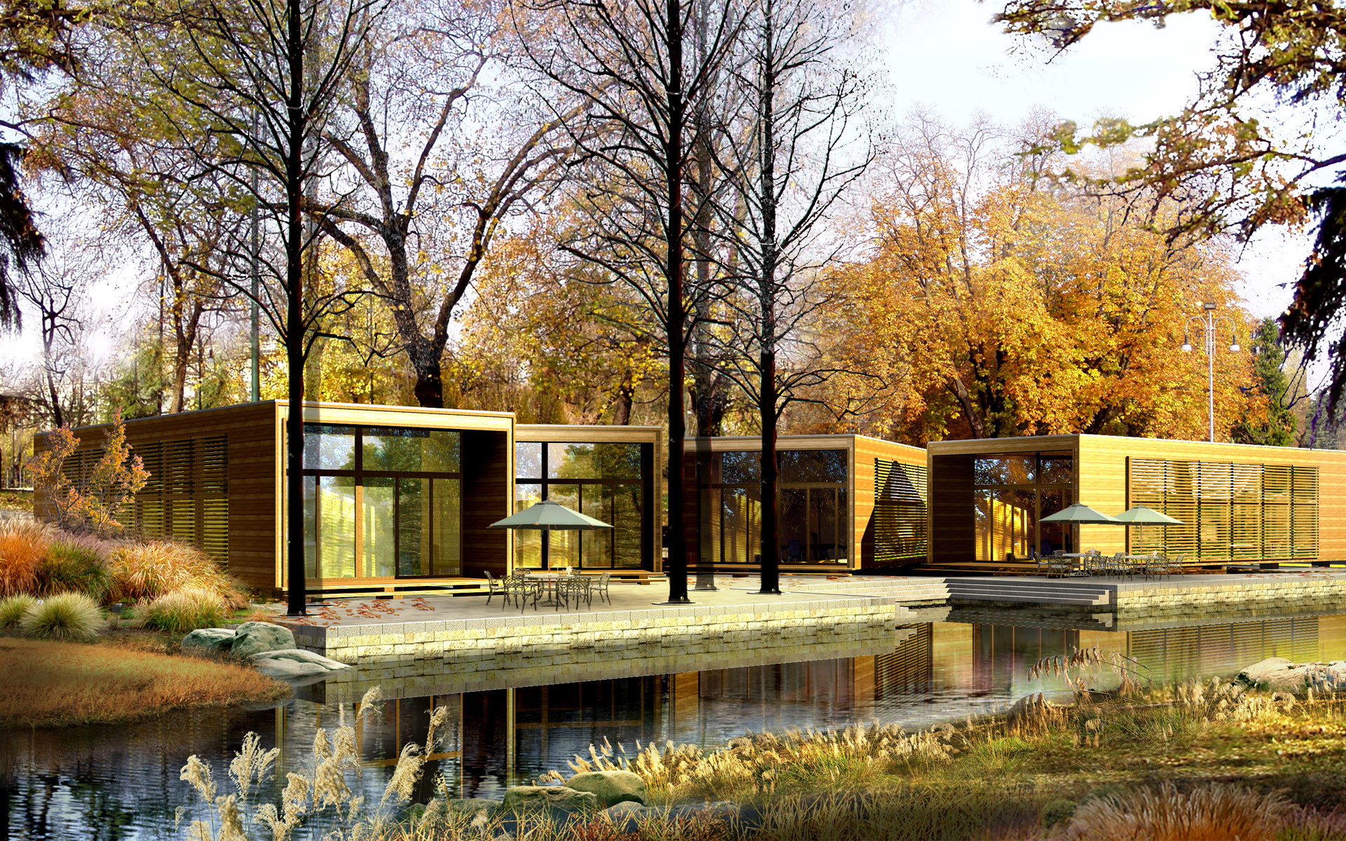 Architettura moderna, Casa sul lago, Autunno, Alberi, Full HD, sfondo per portatile