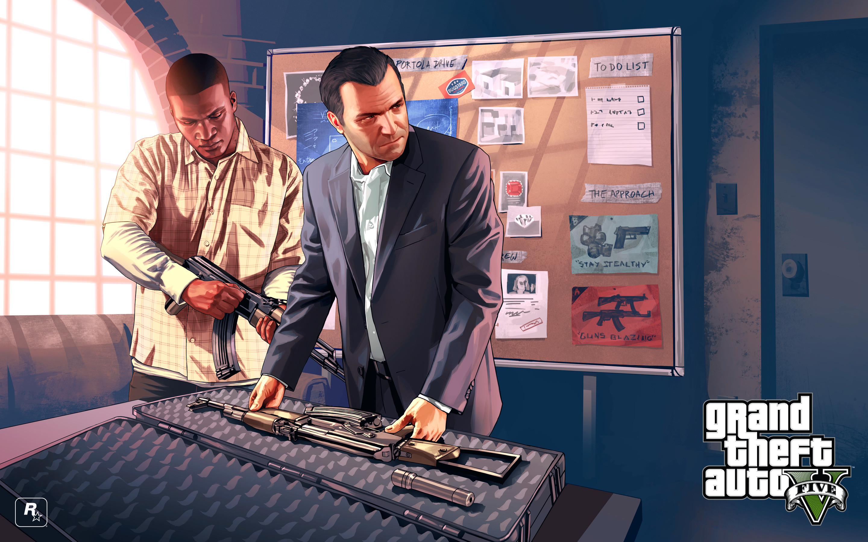 Franklin Clinton, Michael De Santa, Grand Theft Auto V, Pianificazione rapina, Armi, wallpaper 2K
