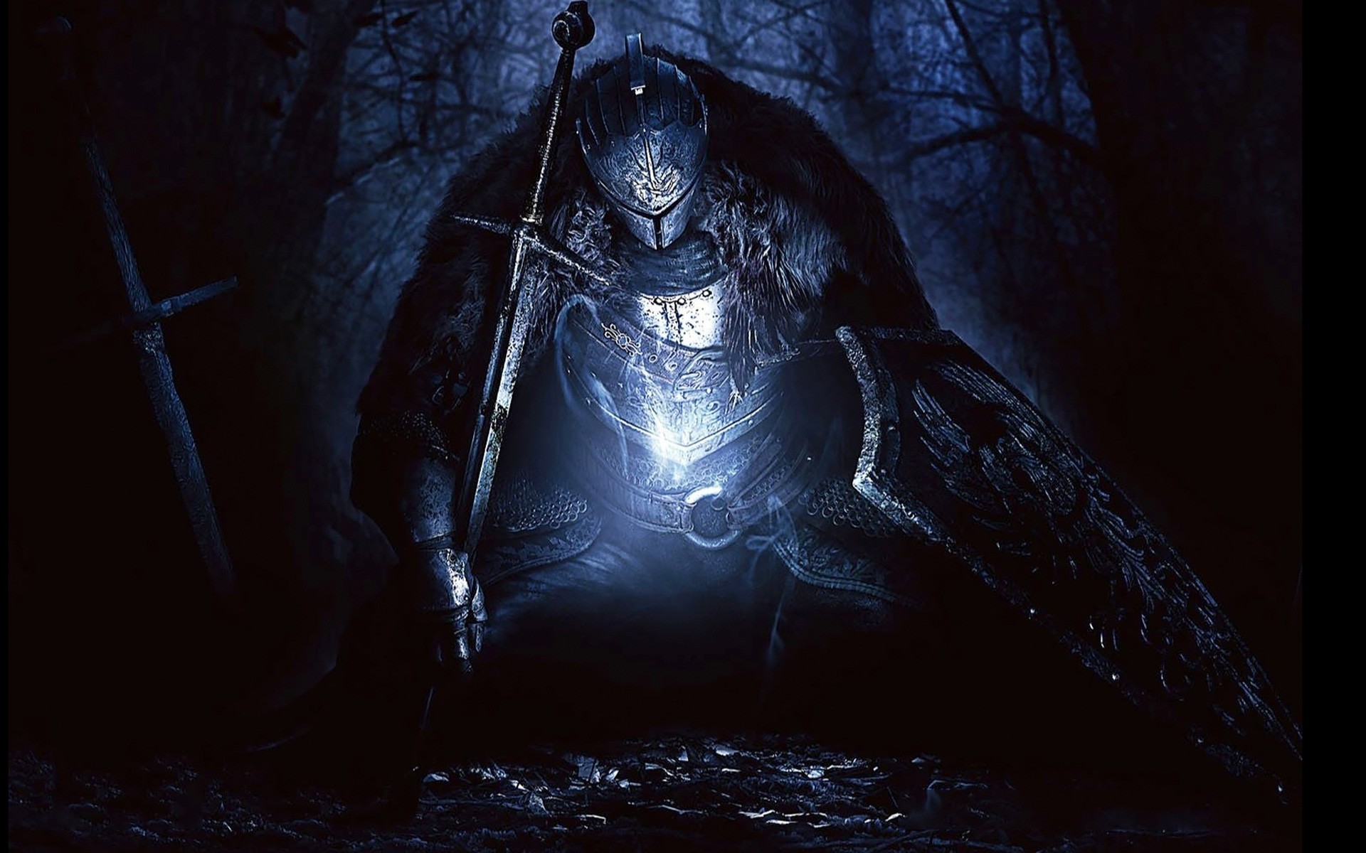 Dark Souls II, Cavaliere, Spada, Luce blu, Foresta, 1920x1200, sfondo per PC