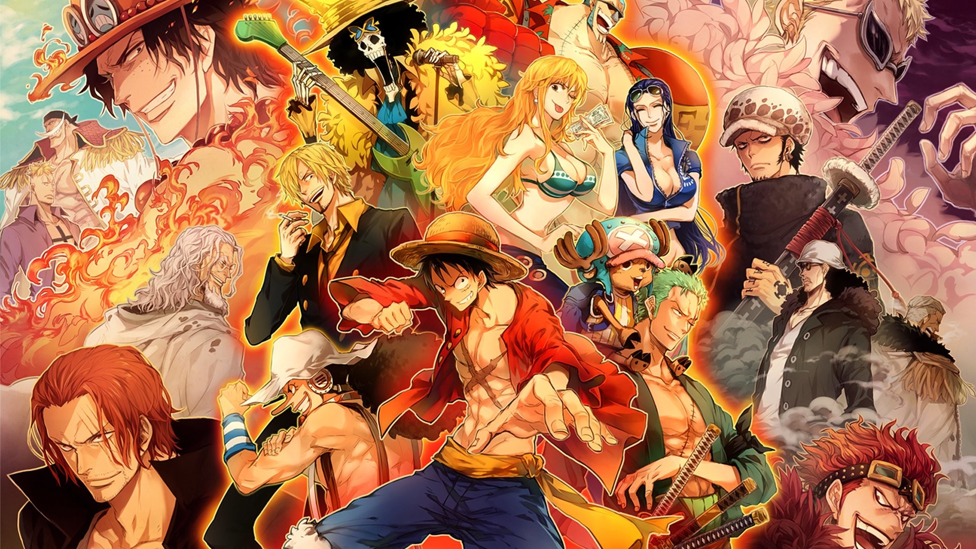 Monkey D. Luffy, Portgas D. Ace, Shanks, Trafalgar Law, One Piece, Collage, sfondo 1920x1080 per PC