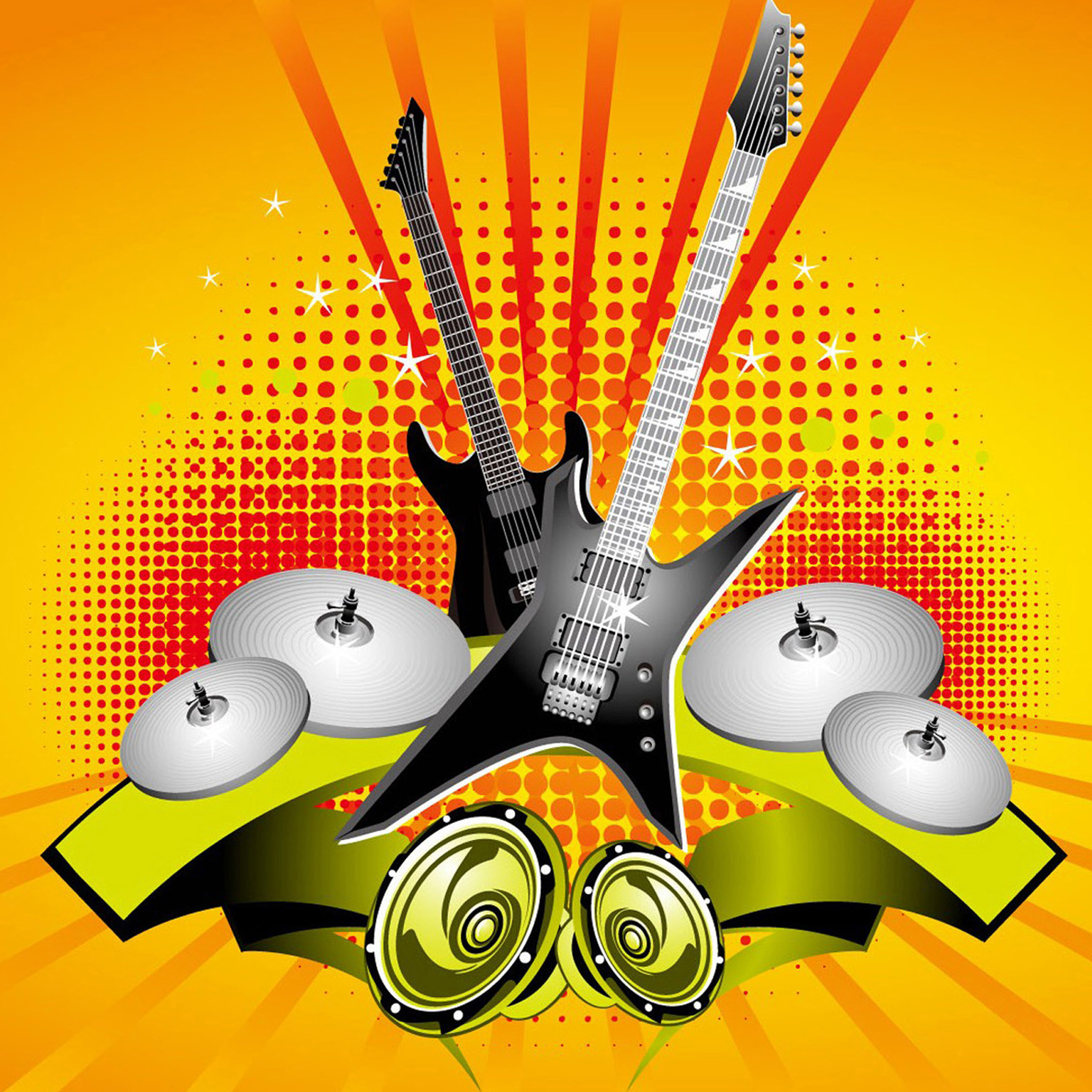 Chitarre elettriche, Batteria, Vettoriale, Giallo e arancione, Full HD, schermata di blocco iPad