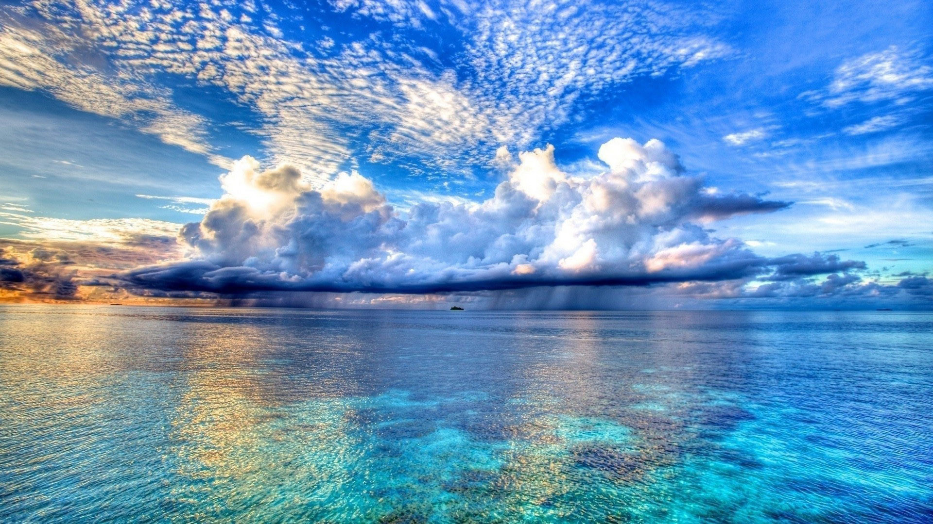 Mare cristallino, Nuvole, Riflessi, Orizzonte, Full HD 1080p, sfondo desktop