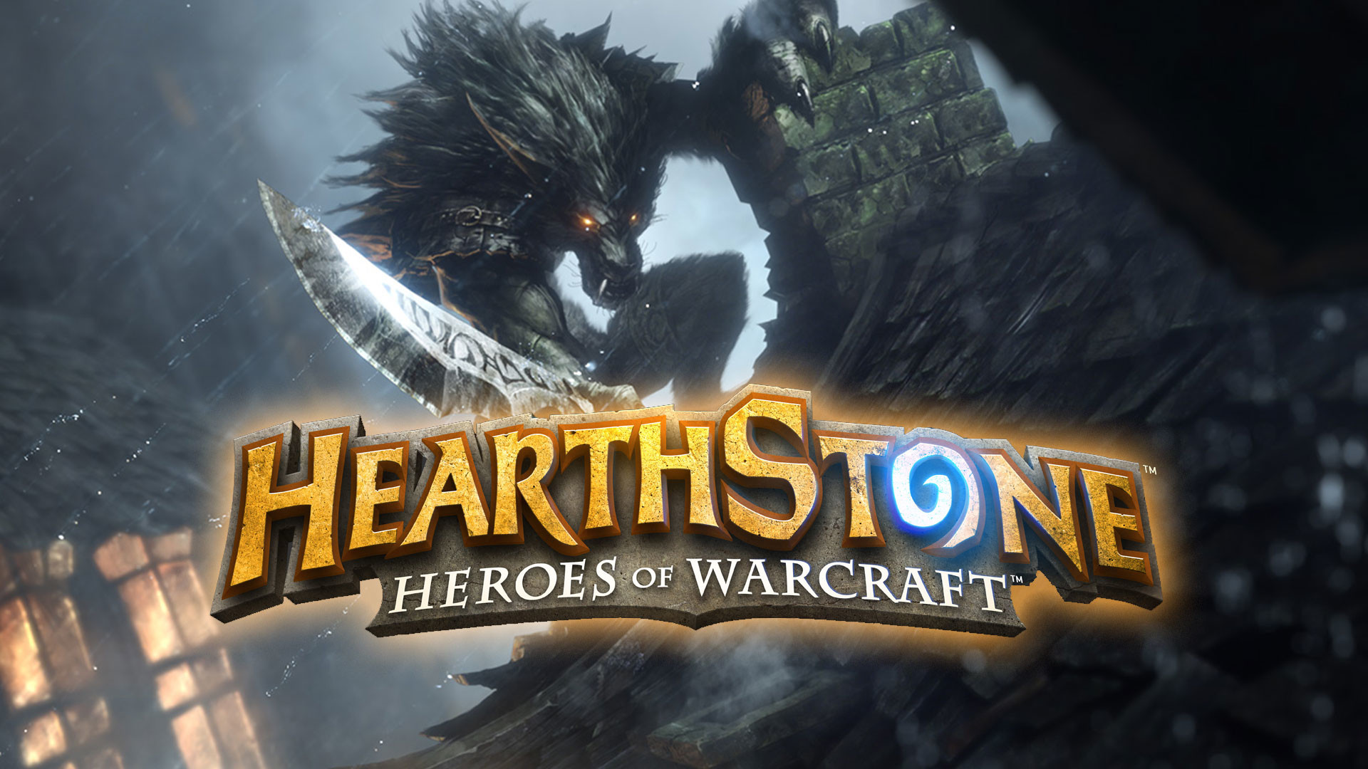 Hearthstone: Heroes of Warcraft, Logo Hearthstone, Worgen, Notte, sfondo widescreen Full HD