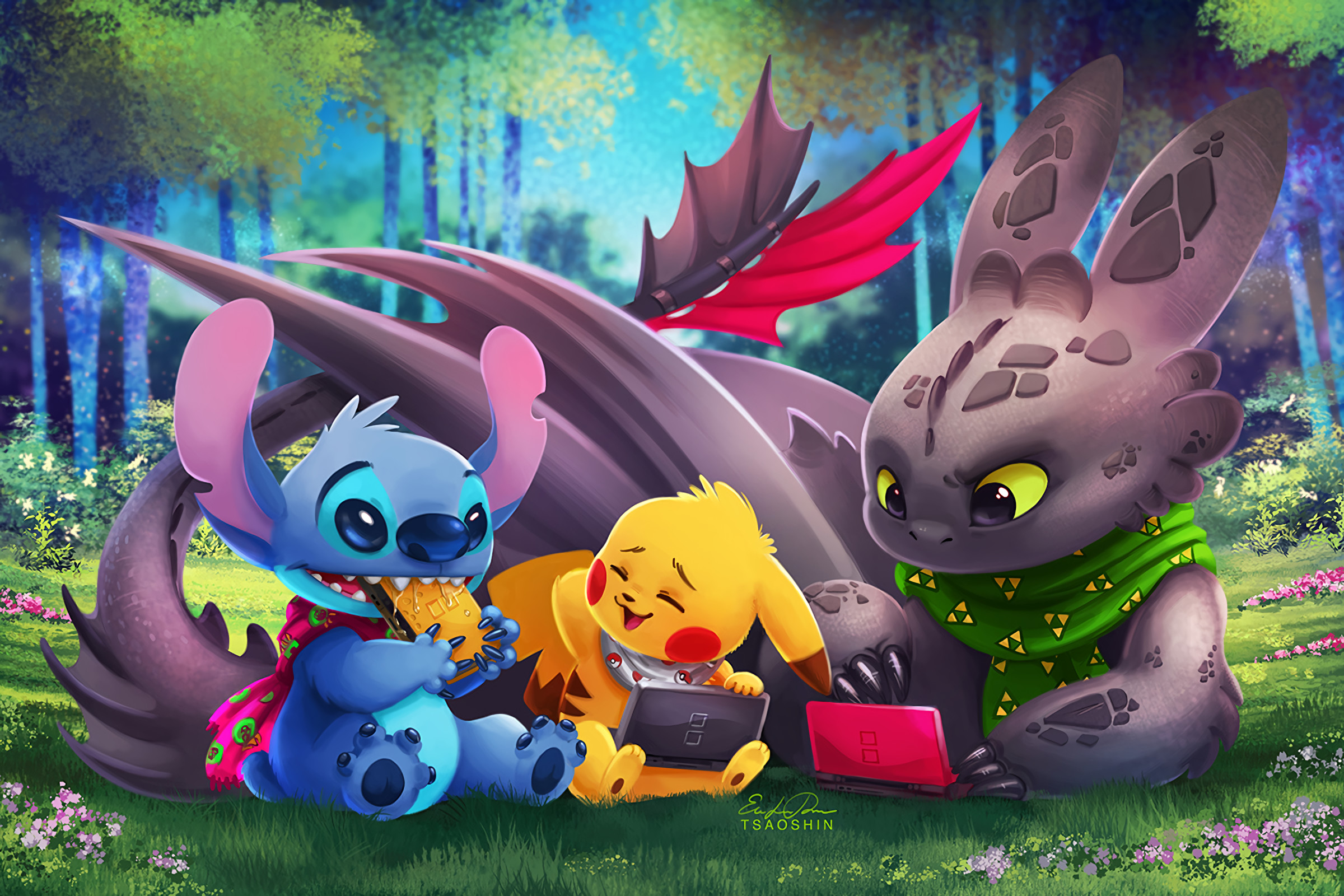 Stitch, Sdentato, Pikachu, Crossover, Fan art, Full HD, sfondo desktop