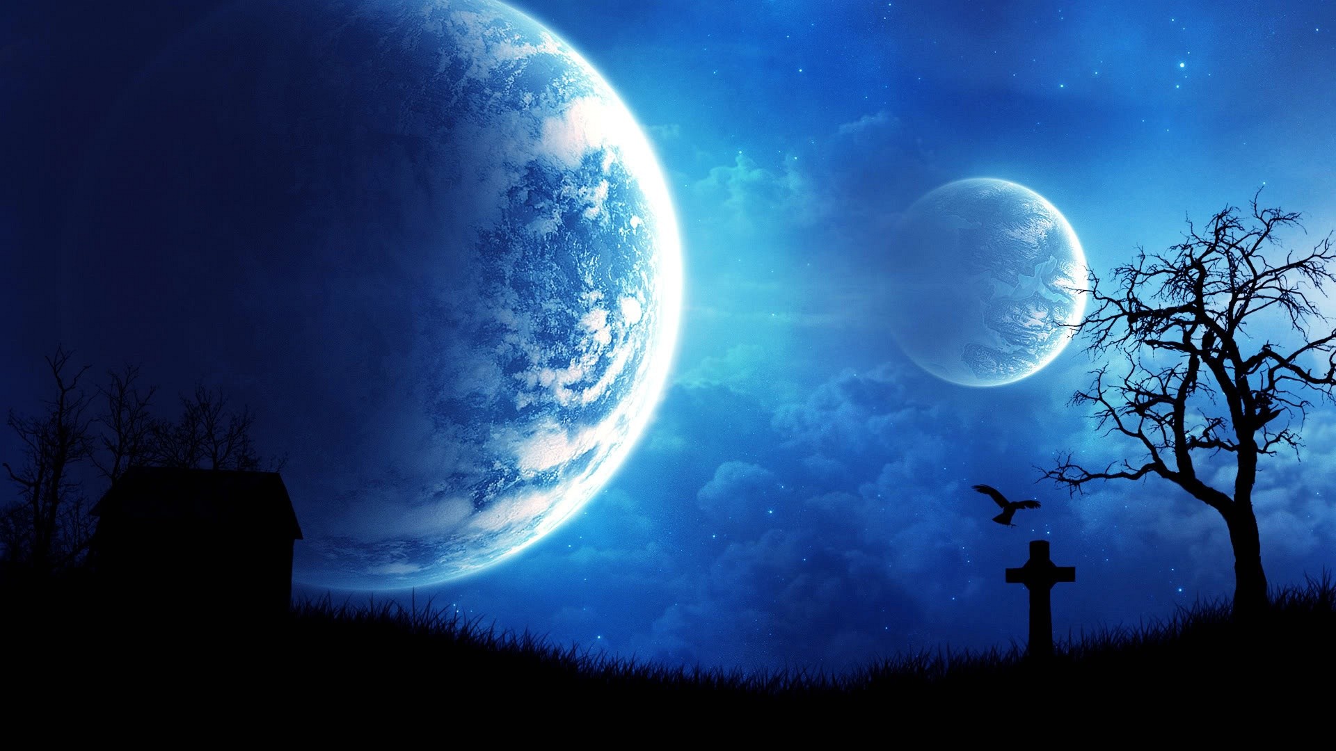 Pianeti, Albero spoglio, Croce, Notte blu, Arte fantasy, 1920x1080, sfondo per PC