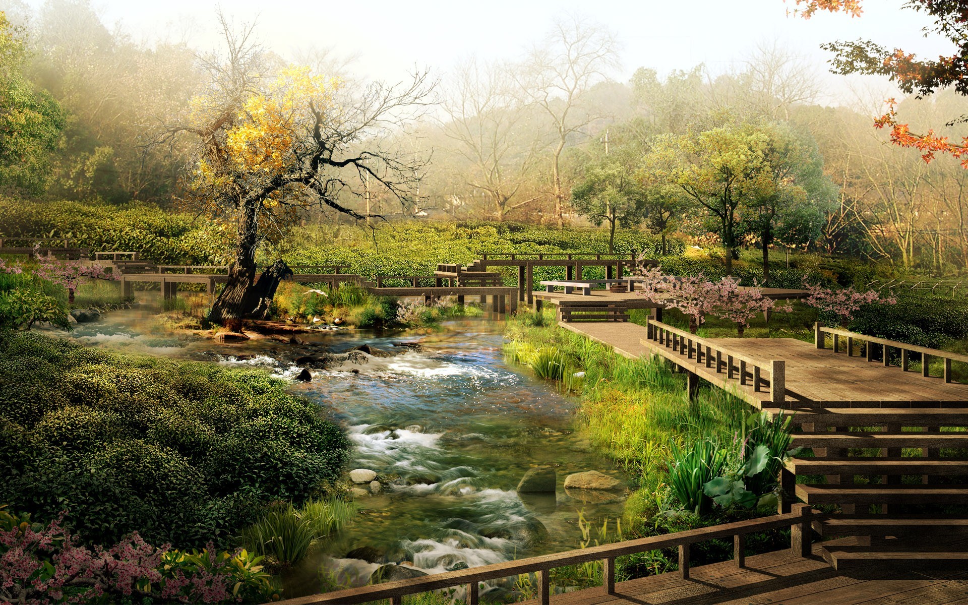 Giardino, Ruscello, Passerella in legno, Albero, Nebbia, Primavera, sfondo MacBook Pro