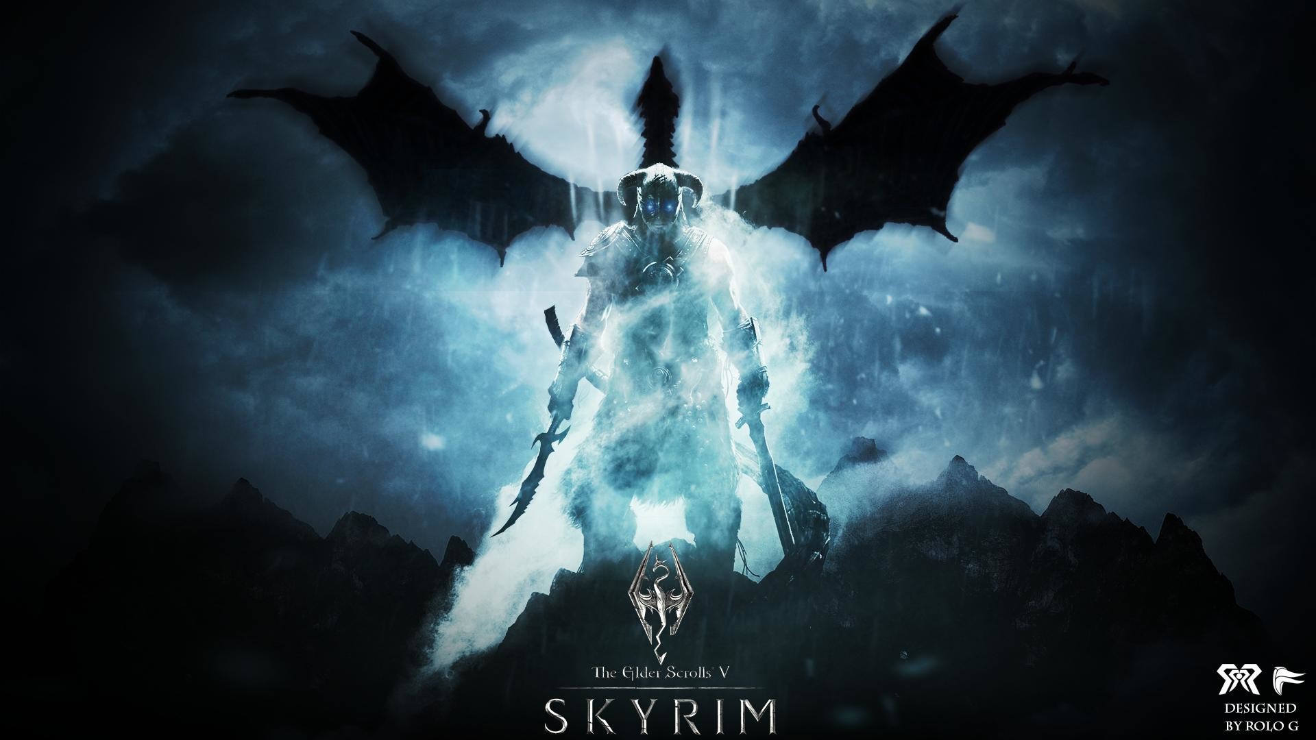 Dovahkiin, The Elder Scrolls V: Skyrim, Drago, Logo, Blu, Full HD, sfondo desktop