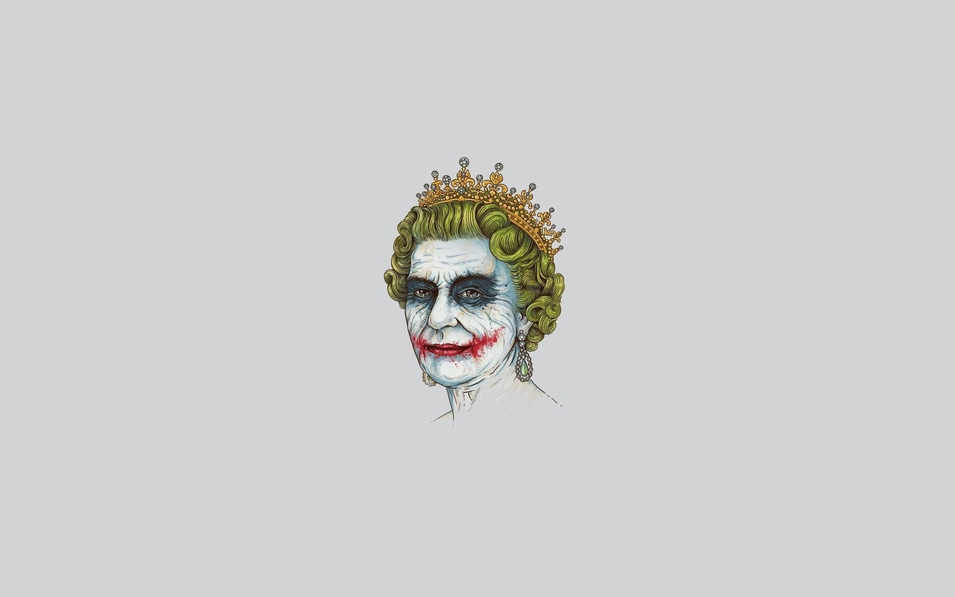 Regina Elisabetta II, Joker, Corona, Parodia, Sfondo grigio, Full HD, wallpaper desktop