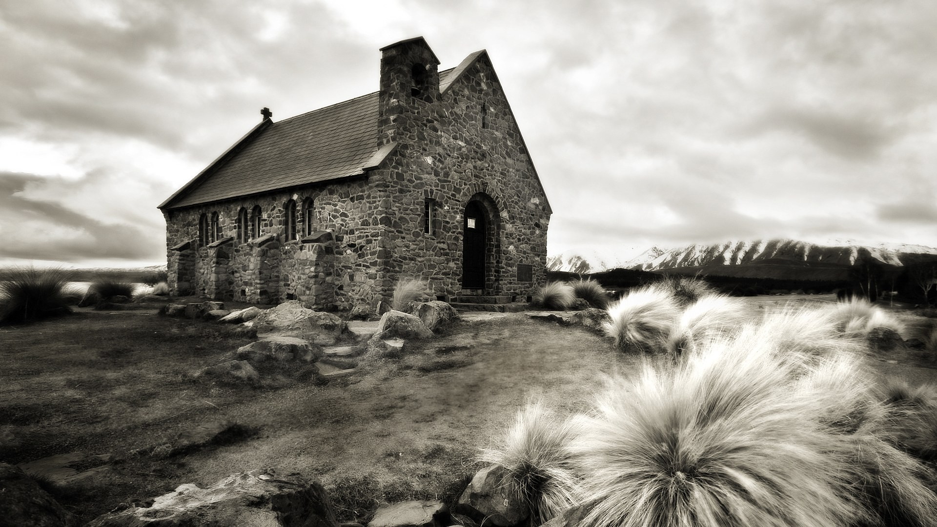 Church of the Good Shepherd, Lago Tekapo, Nuova Zelanda, Chiesa, Bianco e nero, sfondo desktop