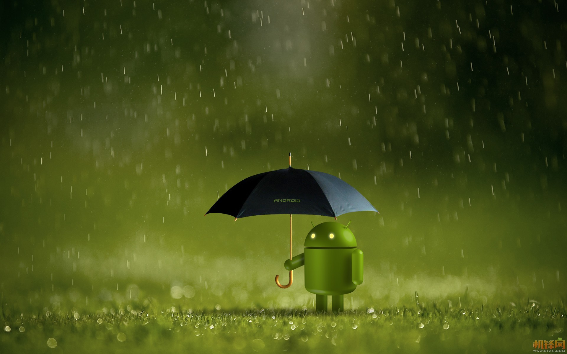 Android, Ombrello, Pioggia, Verde, Full HD, wallpaper per computer