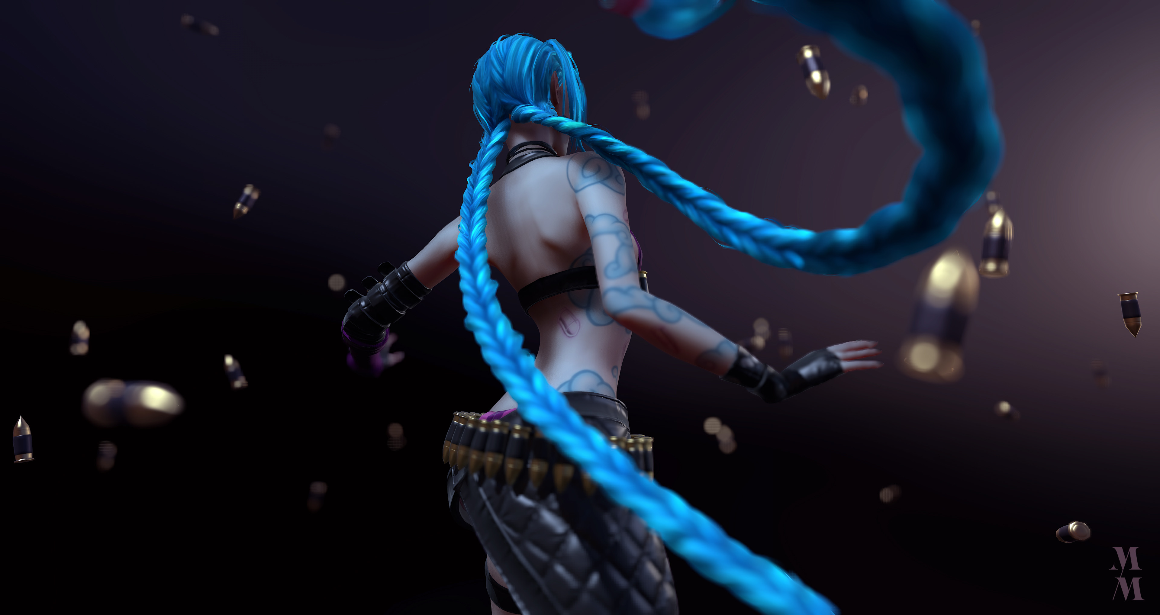 Jinx, League of Legends, Trecce blu, Bossoli, Sfondo scuro, 4K, wallpaper per computer