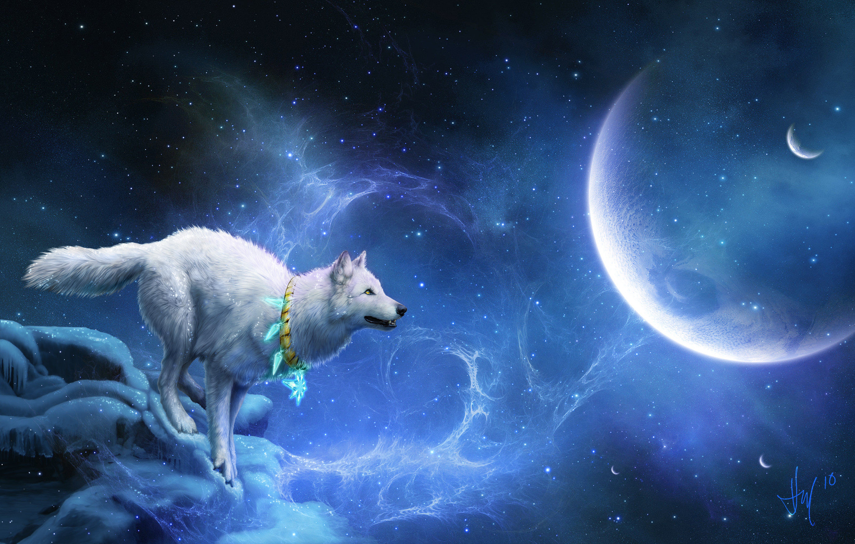 Lupo bianco, Luna, Arte digitale, 2K, sfondo Windows 11
