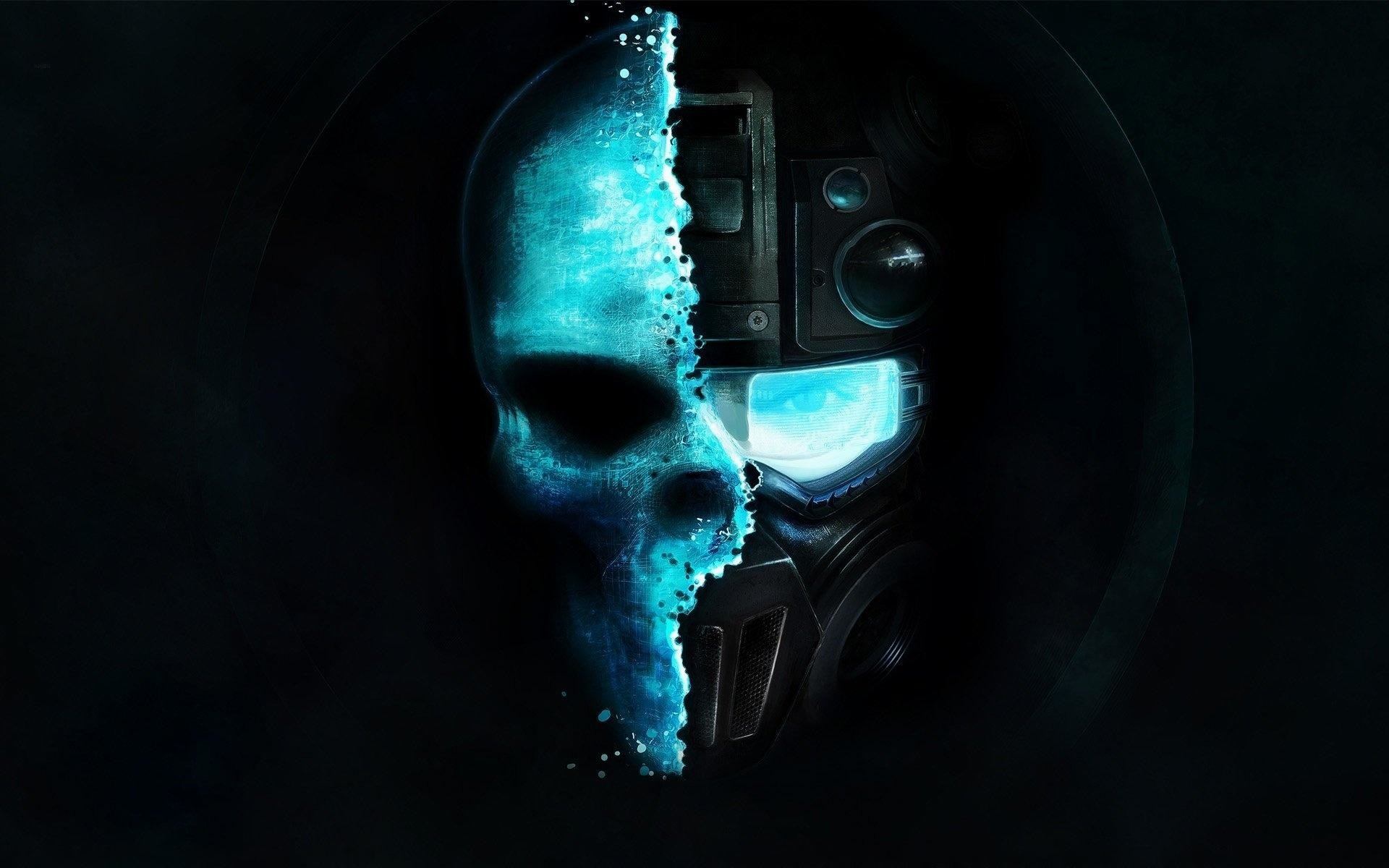 Teschio, Cyborg, Ologramma blu, Sfondo nero, Fantascienza, Full HD, wallpaper per PC