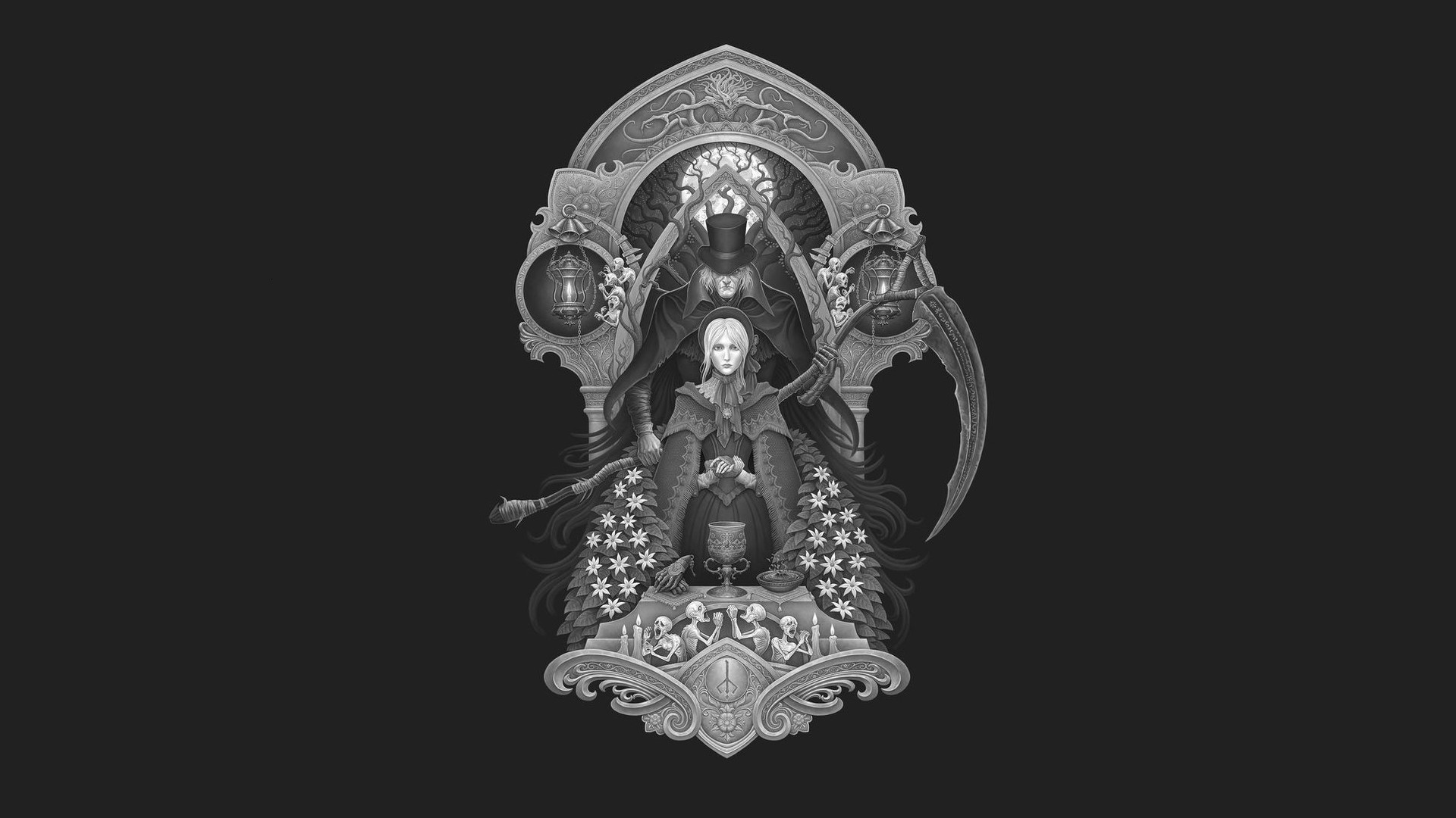 Bloodborne, Bambola, Ornamento gotico, Sfondo grigio, 1920x1080, wallpaper desktop