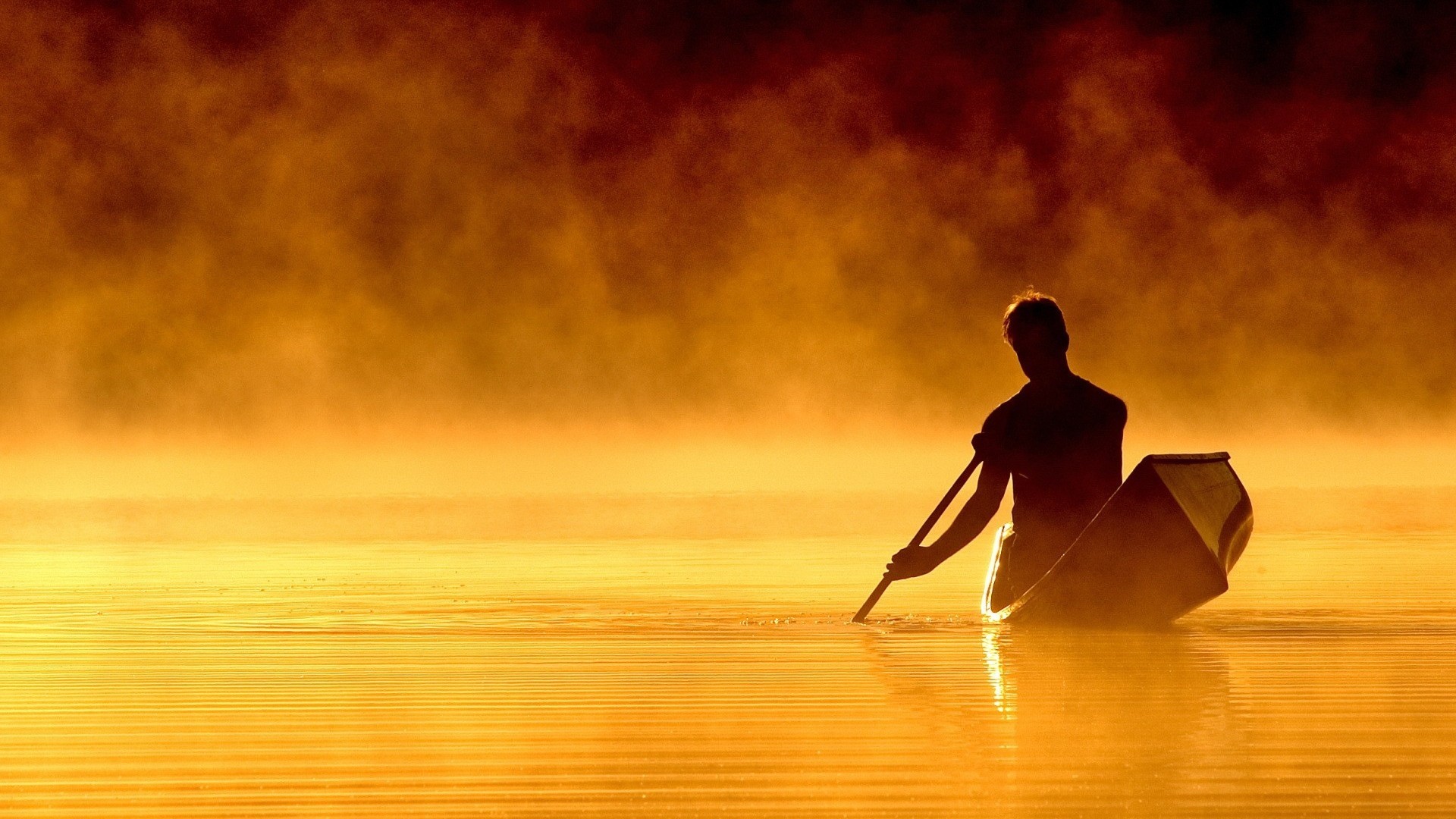Canoa, Silhouette, Nebbia, Alba, Full HD, sfondo per PC