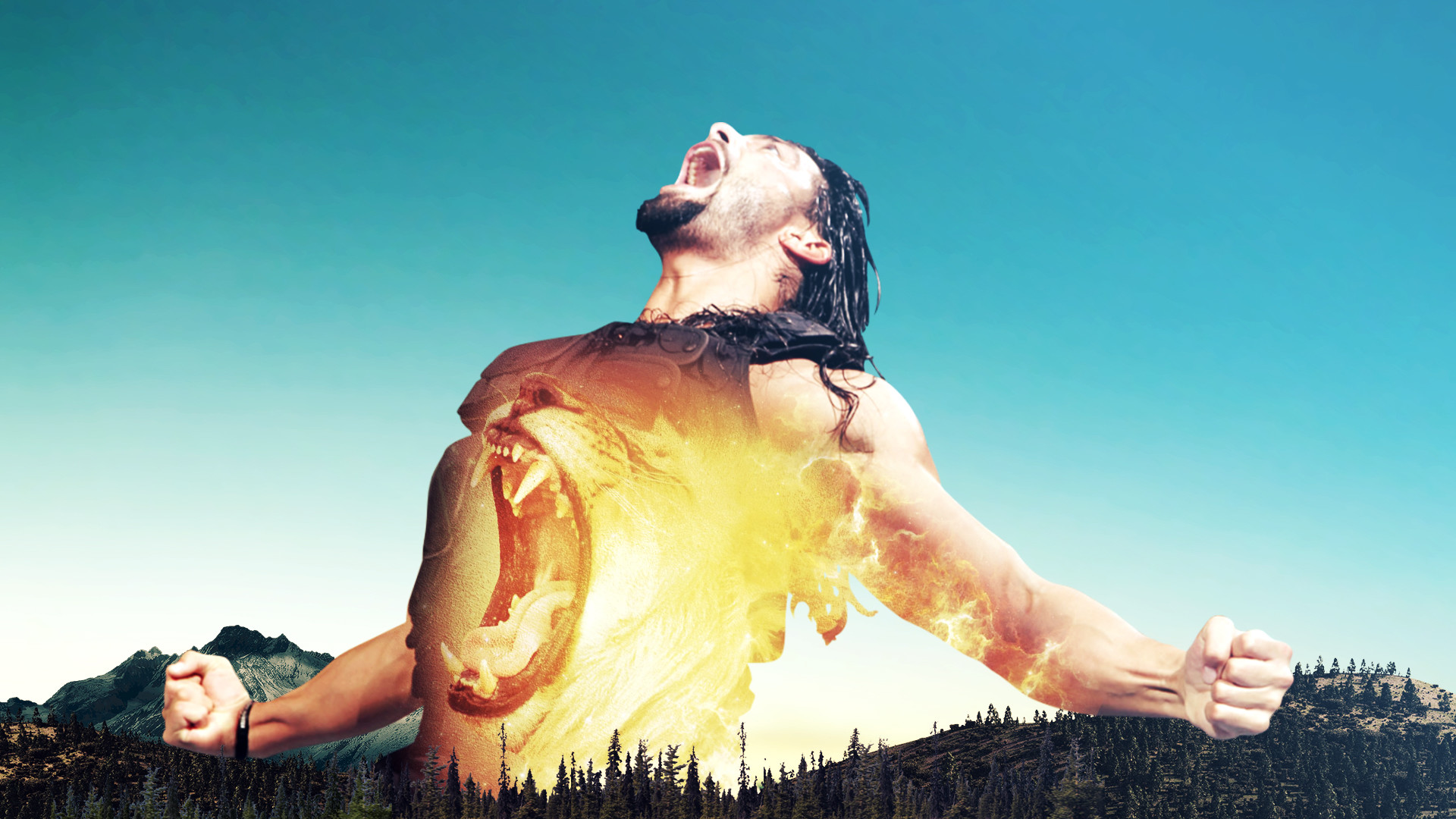 Roman Reigns, WWE, Fuoco, Cielo azzurro, Arte digitale, 1920x1080, sfondo per PC