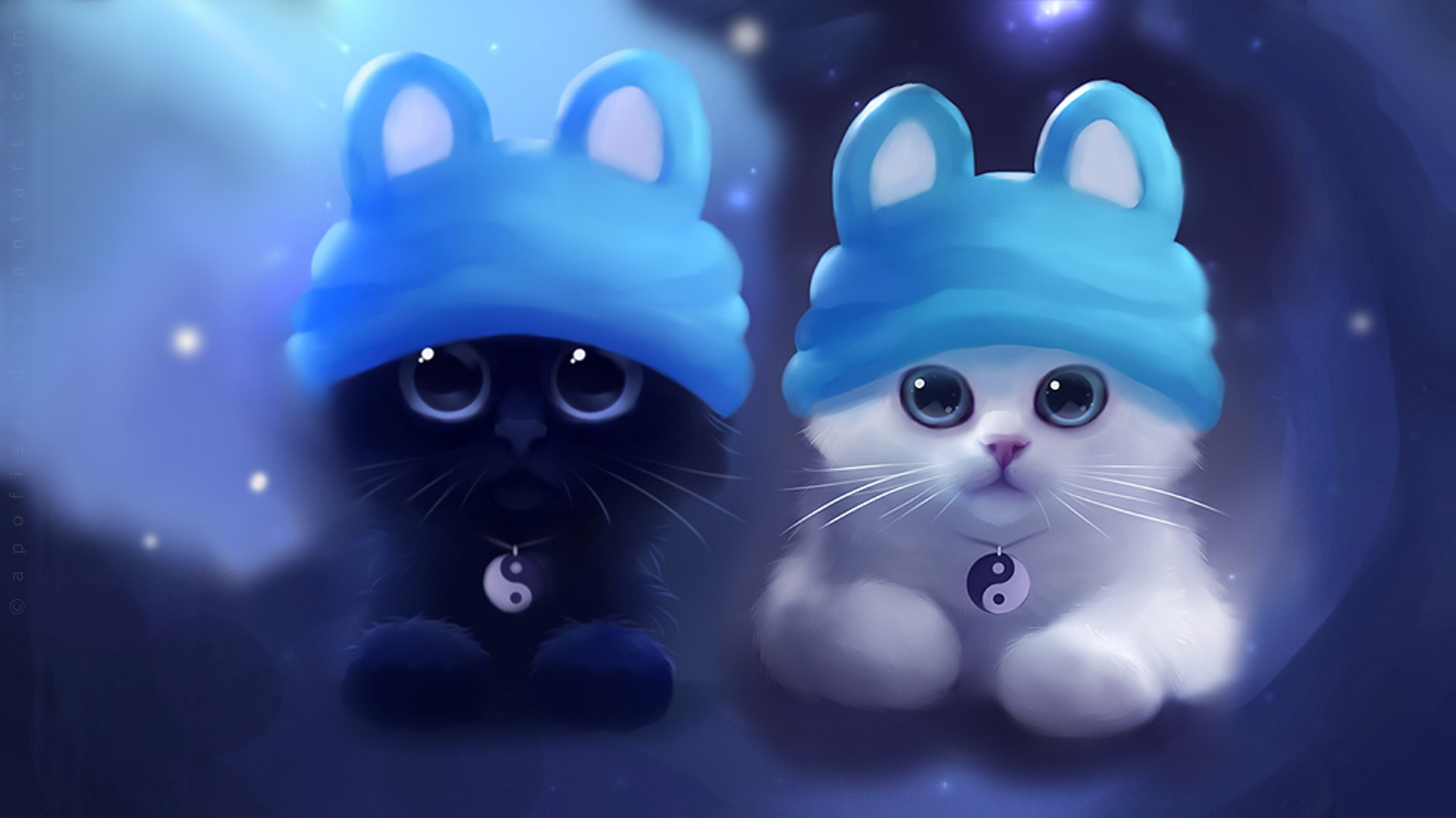 Yin e yang, Gattini, Cappelli, Illustrazione, 1920x1080, sfondo per PC