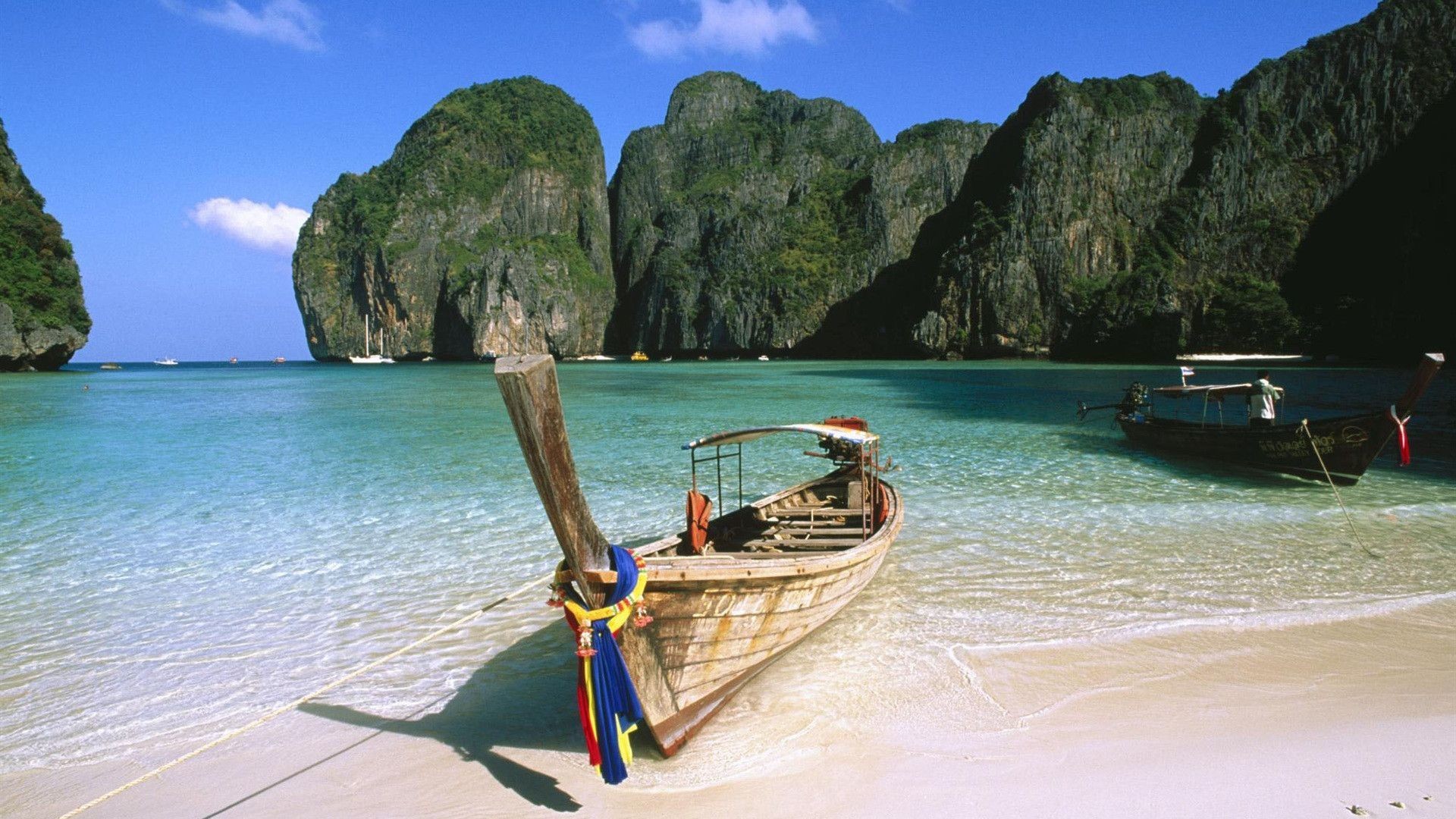 Maya Bay, Thailandia, Barca a coda lunga, Spiaggia, 1920x1080, sfondo per PC