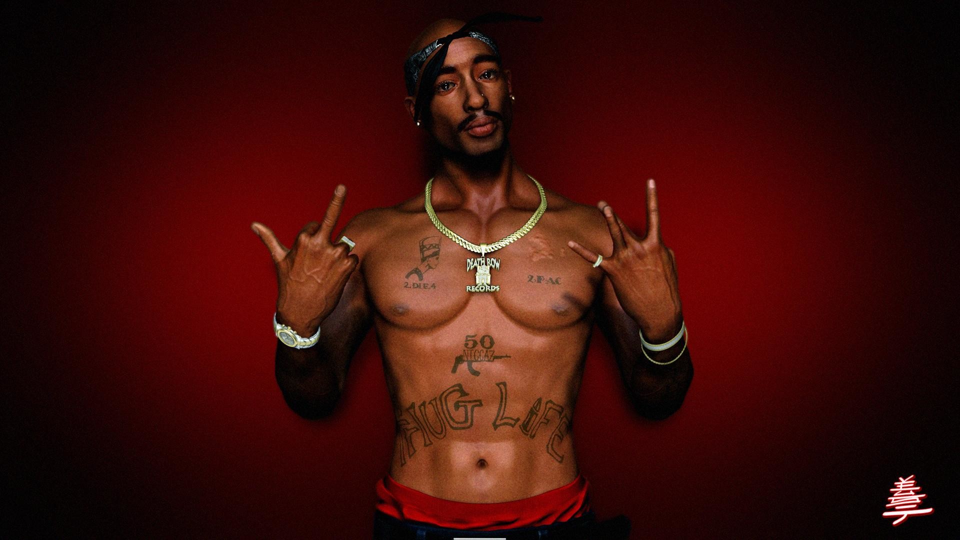 Tupac Shakur, Thug Life, Tatuaggi, Sfondo rosso, 16:9 Full HD, wallpaper widescreen