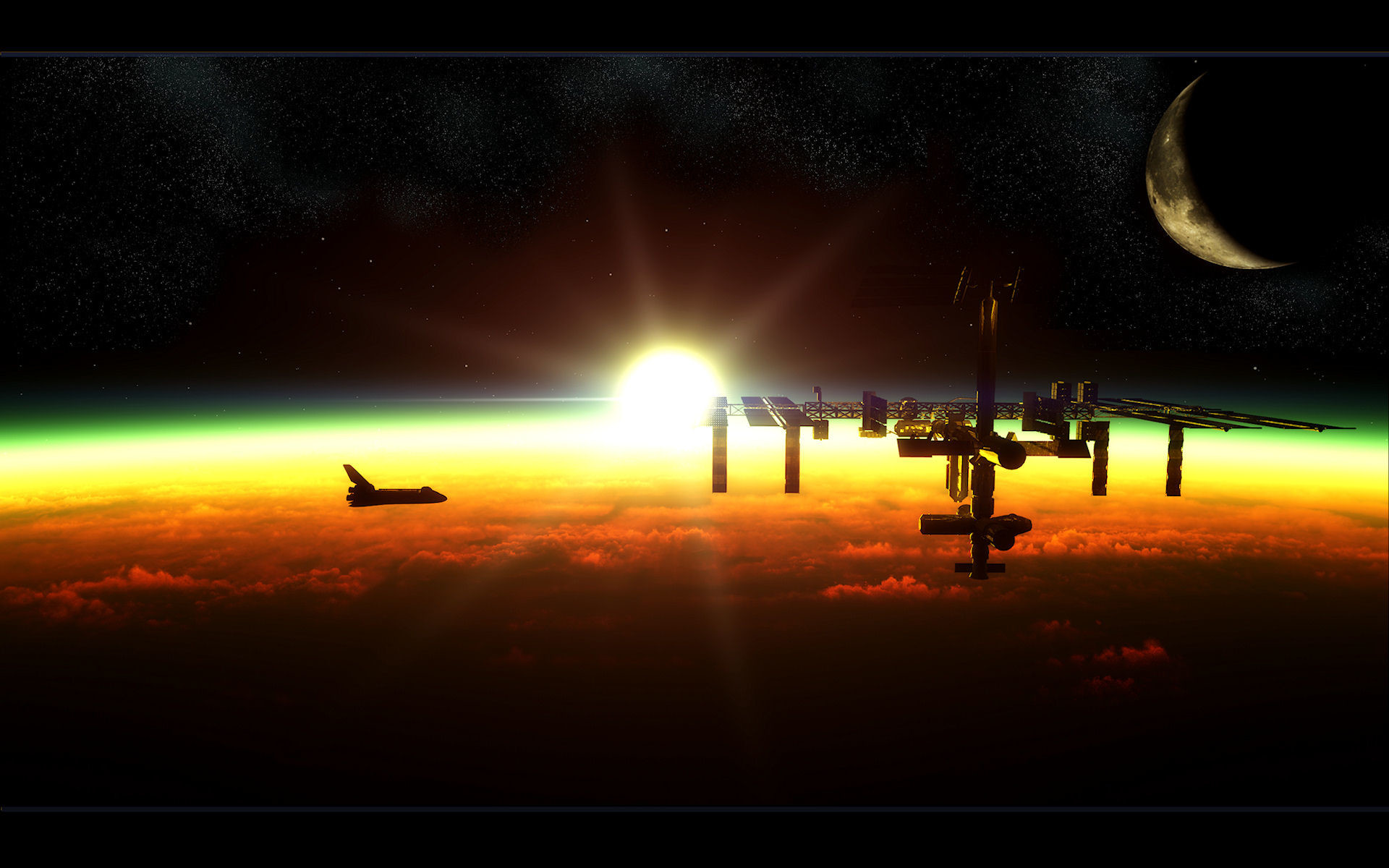 Stazione Spaziale Internazionale, Space Shuttle, Alba orbitale, Luna, sfondo MacBook Pro
