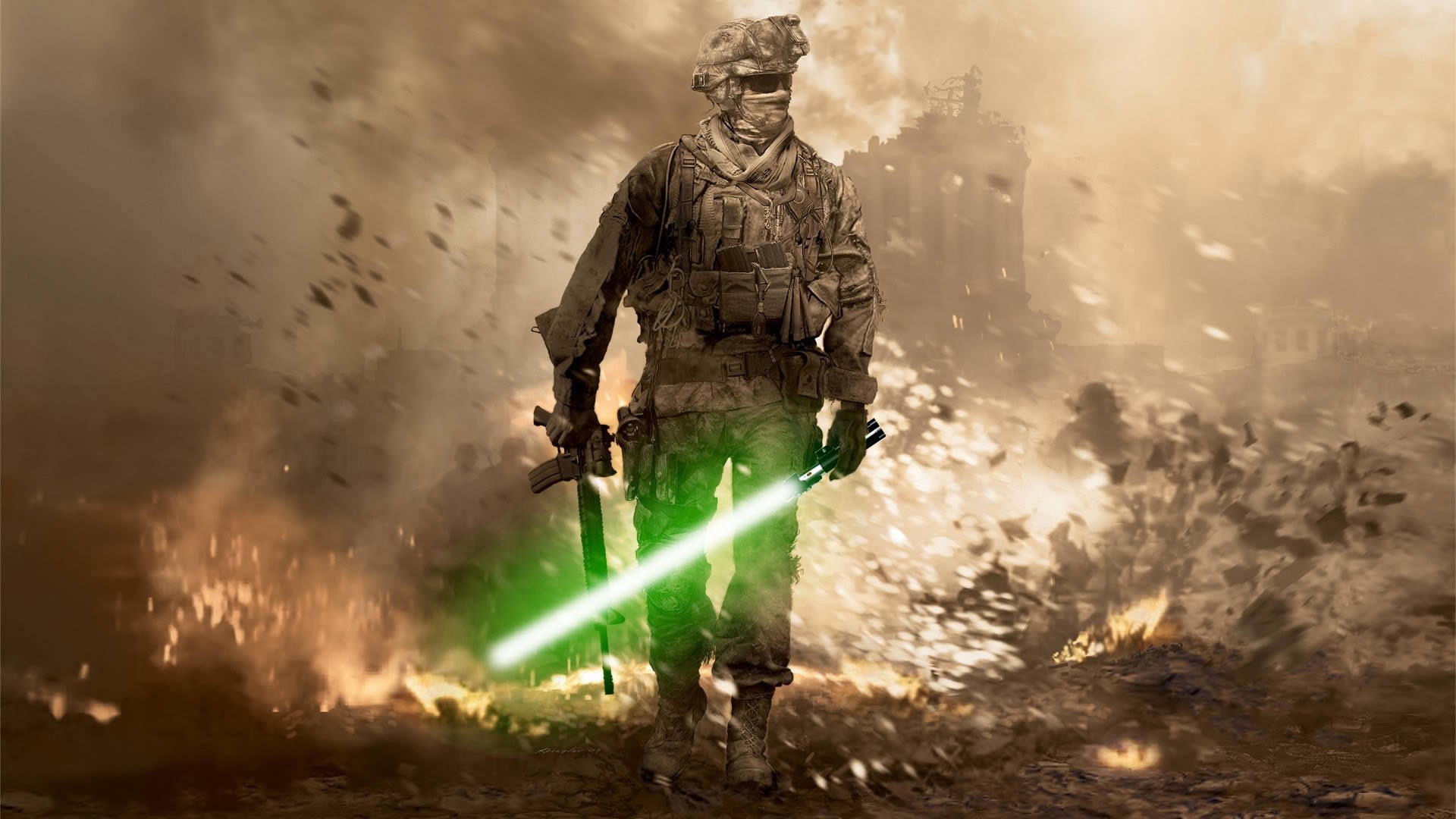 Call of Duty, Soldato, Spada laser, Esplosione, Parodia, Full HD, sfondo per portatile