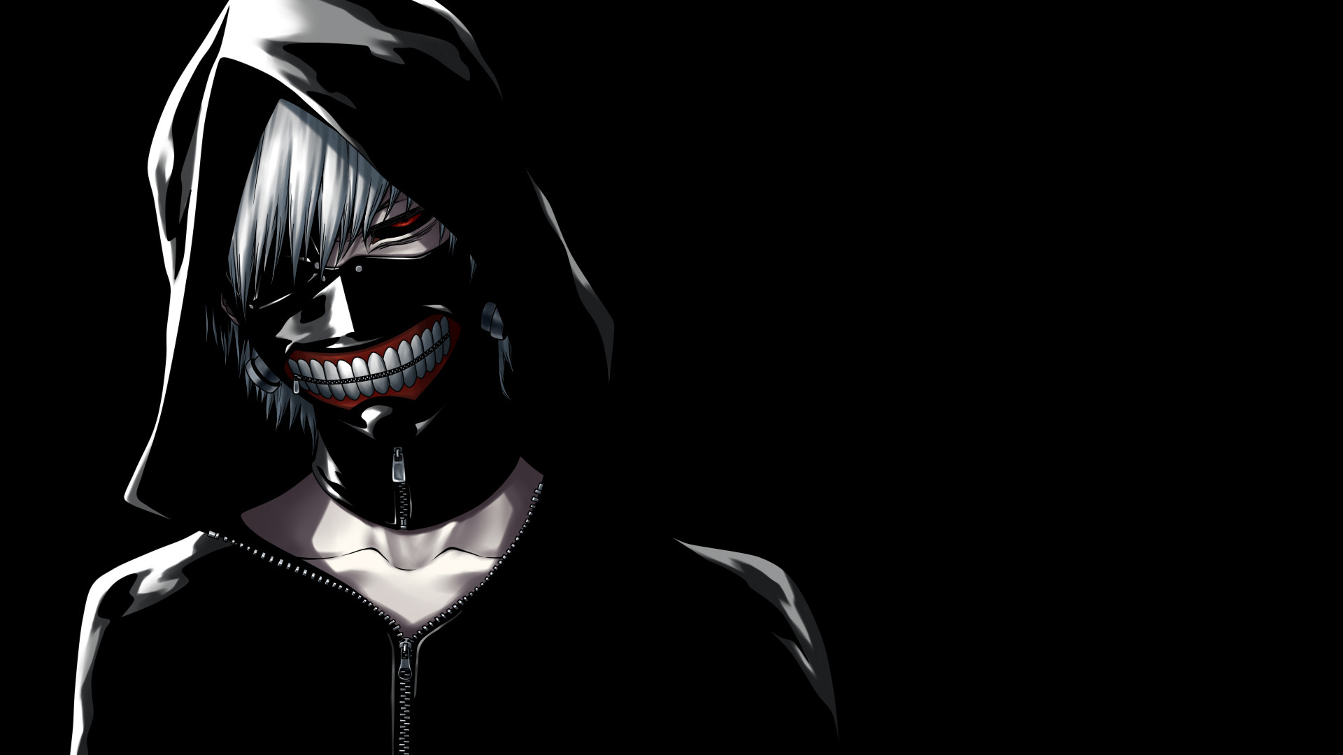 Ken Kaneki, Tokyo Ghoul, Cappuccio, Maschera, Sfondo nero, Full HD, wallpaper per PC
