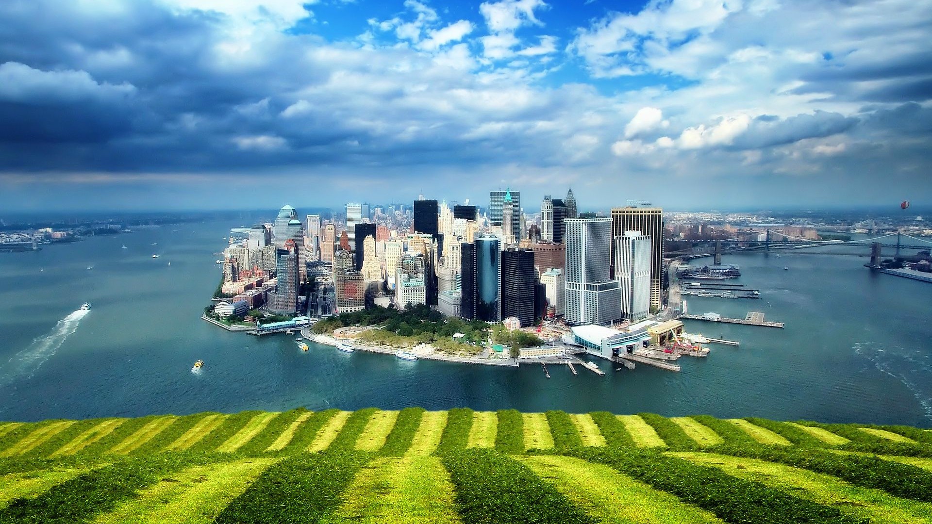 Lower Manhattan, New York, Isola, Fotomanipolazione, Full HD, wallpaper desktop
