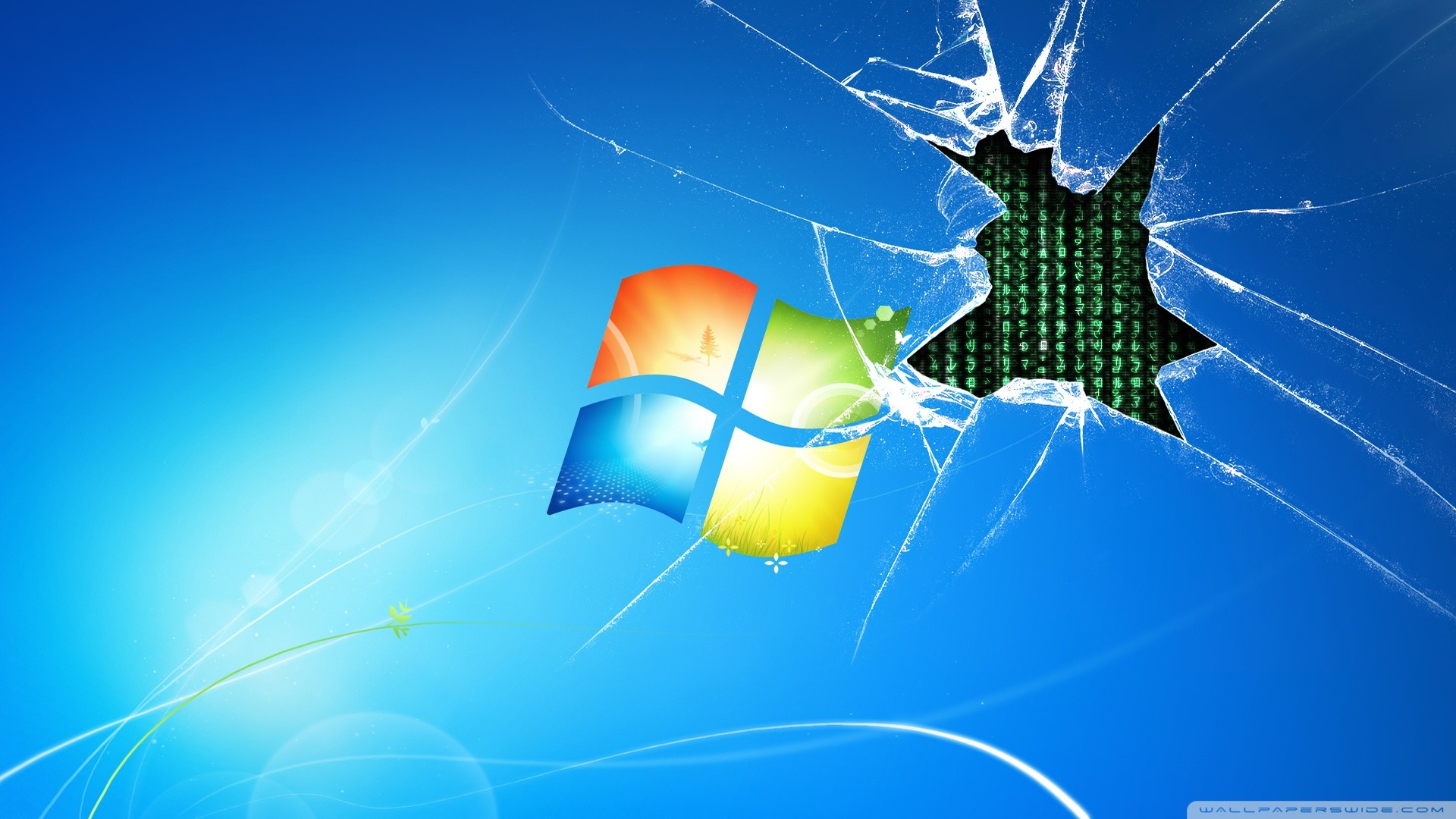 Windows 7, Logo Windows, Vetro rotto, Matrix, Full HD, sfondo per PC e portatile