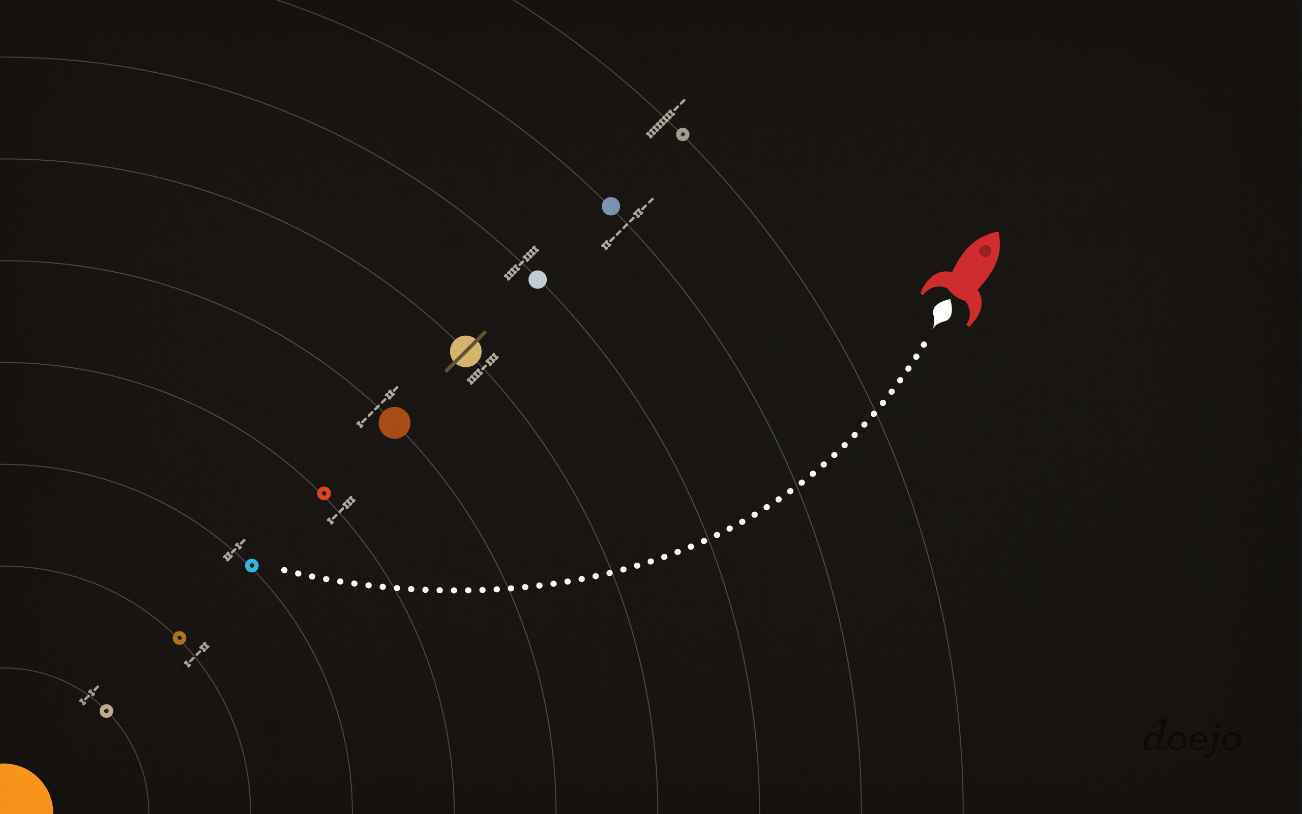 Sistema solare, Razzo, Orbite, Minimalista, Illustrazione, 2K 1600p, sfondo desktop