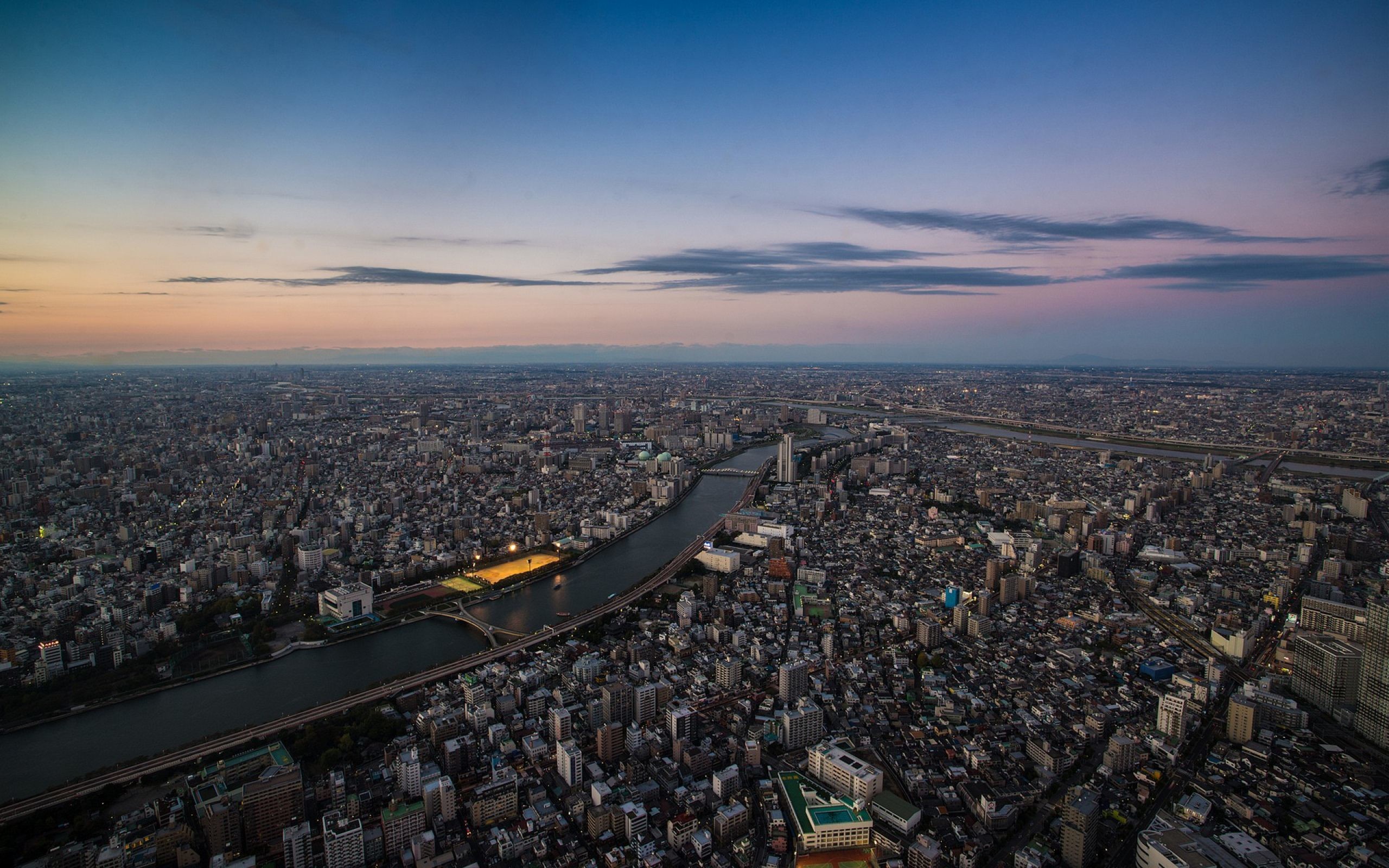 Tokyo, Fiume Sumida, Vista aerea, Alba, 2K, sfondo Windows 11