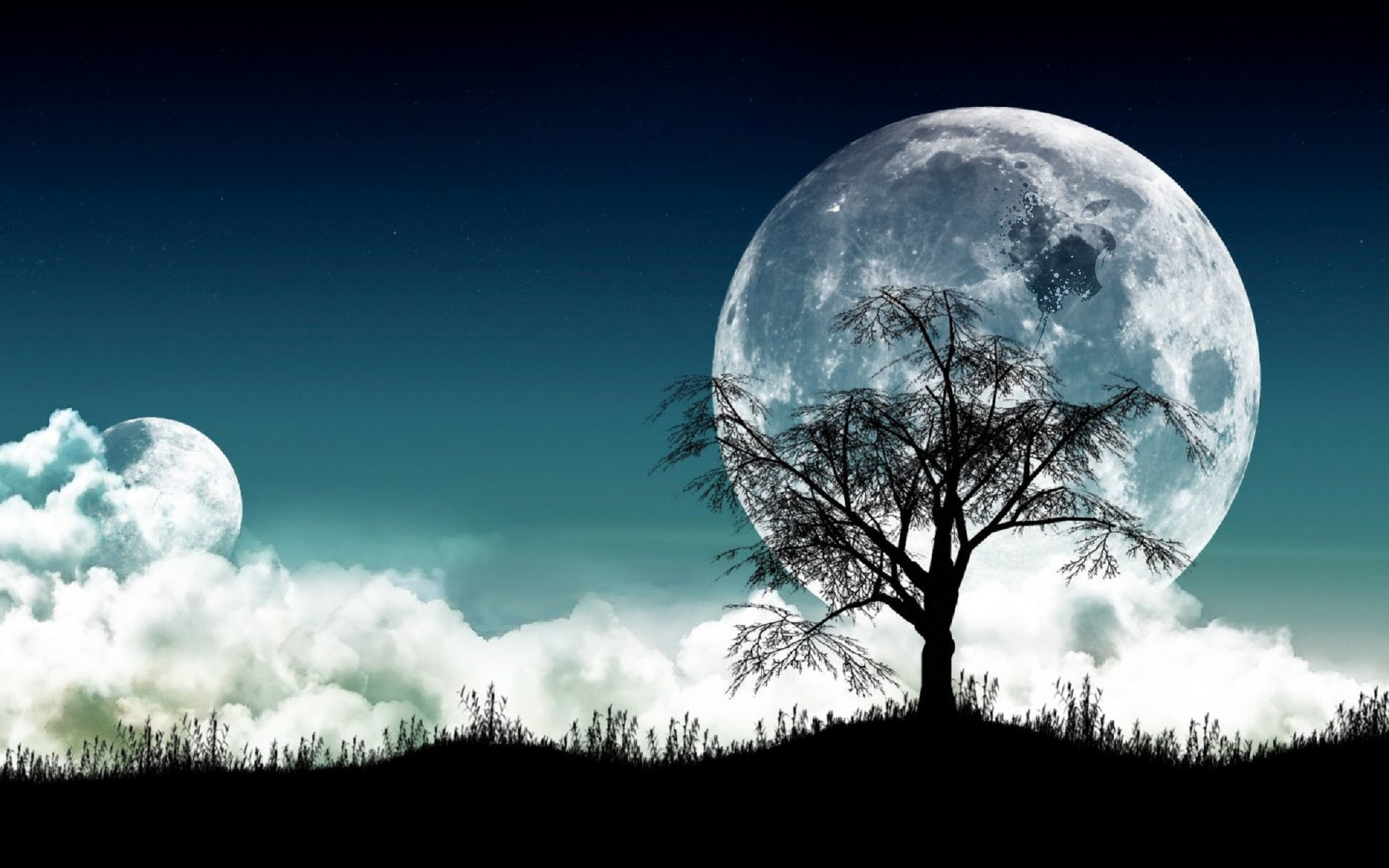 Luna piena, Albero, Silhouette, Nuvole, Arte digitale, Full HD, sfondo per desktop