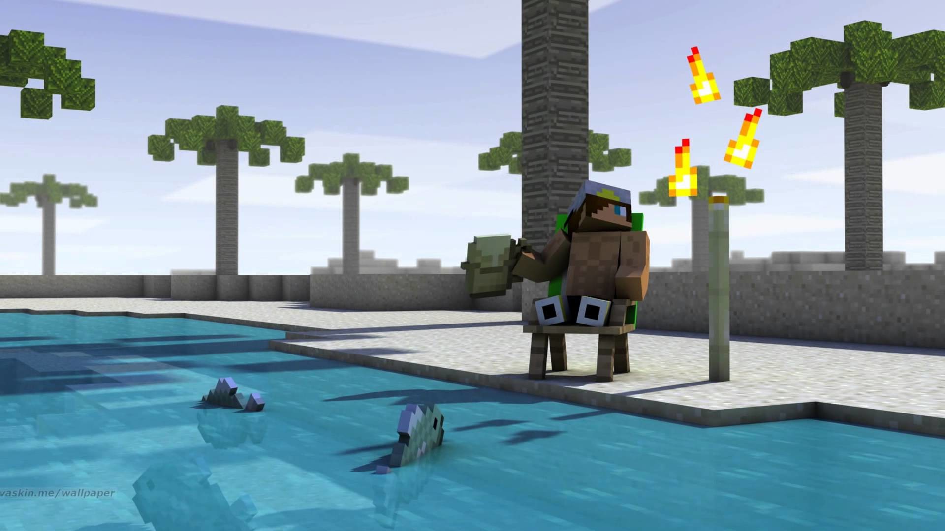 Minecraft, Skin, Piscina, Palme, Torce, Full HD, wallpaper per computer