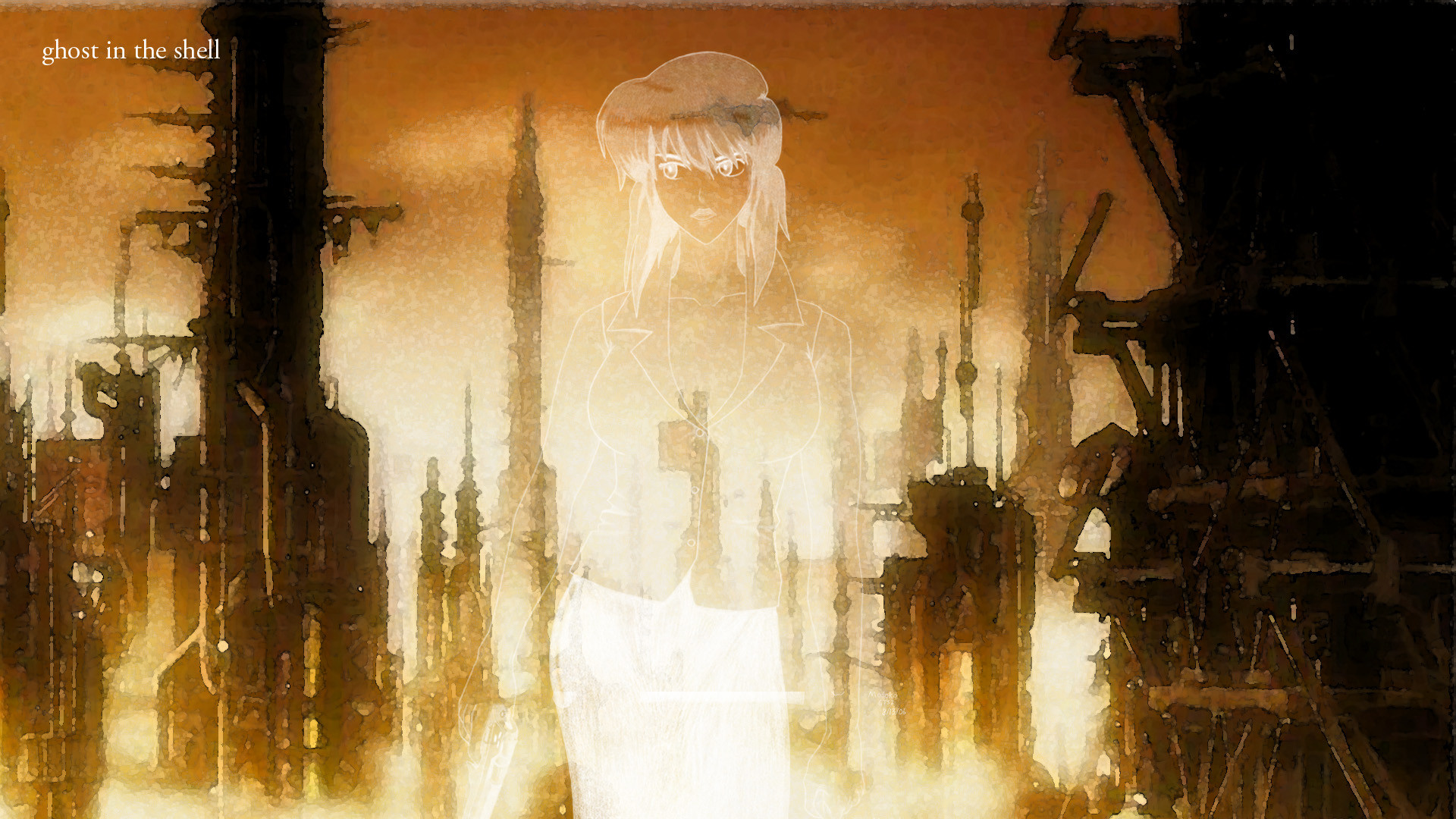 Ghost in the Shell, Motoko Kusanagi, Città futuristica, Toni dorati, Doppia esposizione, immagine di sfondo