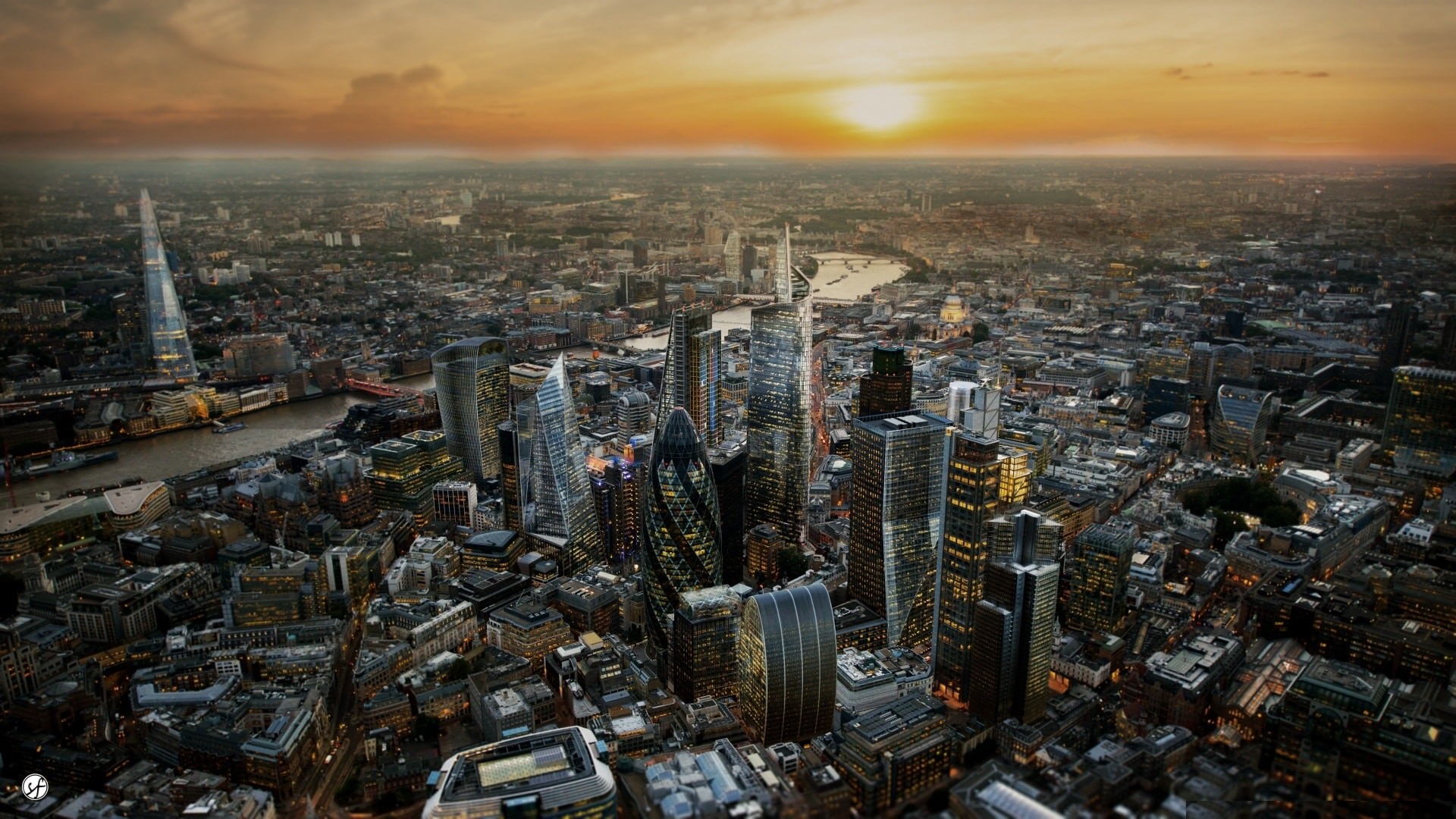 Londra, City di Londra, Vista aerea, Tramonto, 16:9 Full HD, wallpaper widescreen