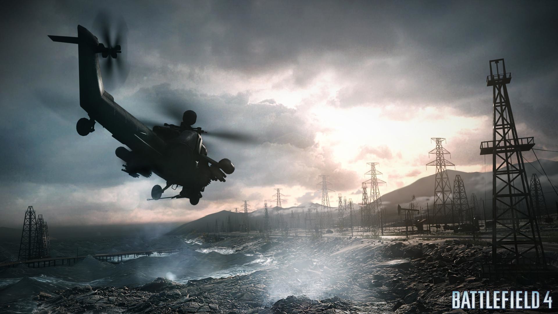 Battlefield 4, Elicottero d'attacco, Tralicci, Costa, Cielo nuvoloso, sfondo Windows 11