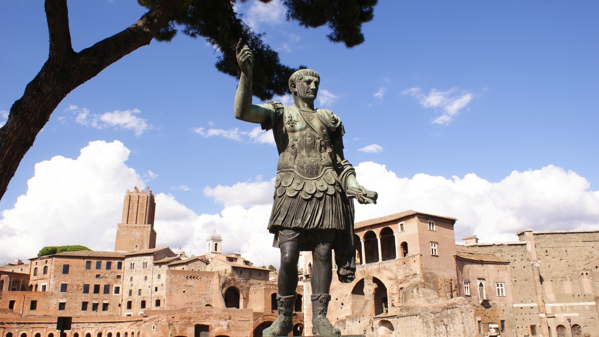 Statua di Traiano, Mercati di Traiano, Fori Imperiali, Roma, Bronzo, Cielo azzurro, sfondo 1080p