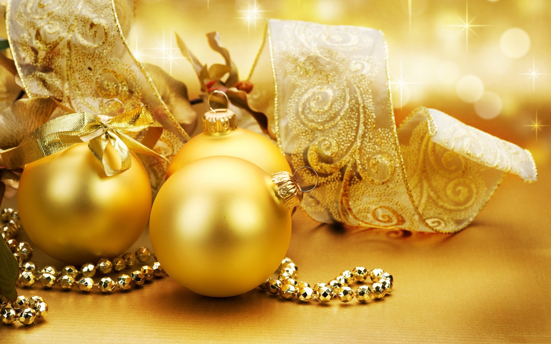 Natale, Palline dorate, Nastro, Oro, 16:10 Full HD, sfondo widescreen