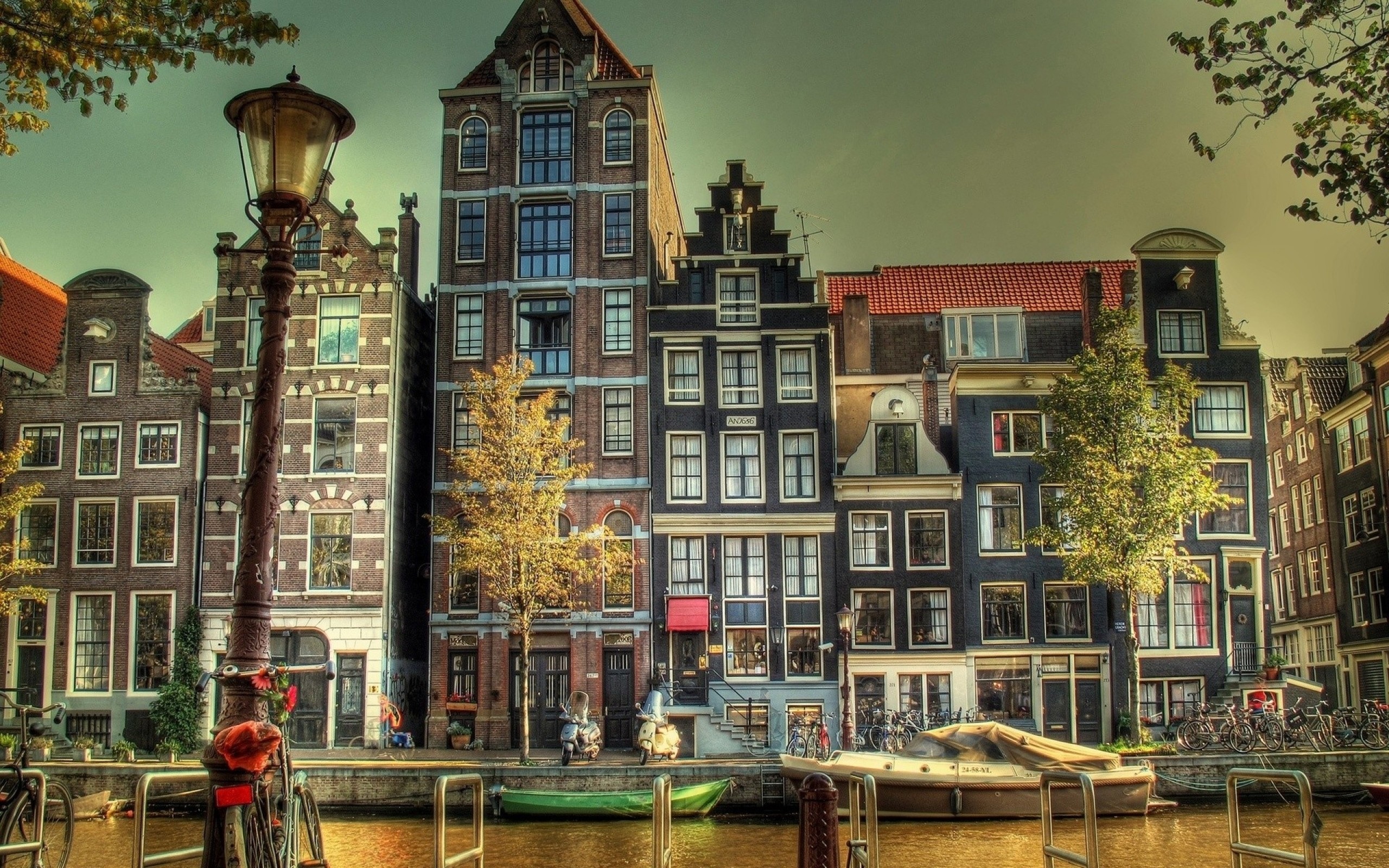 Amsterdam, Case a timpano, Lampione, HDR, 16:10 2K, sfondo widescreen