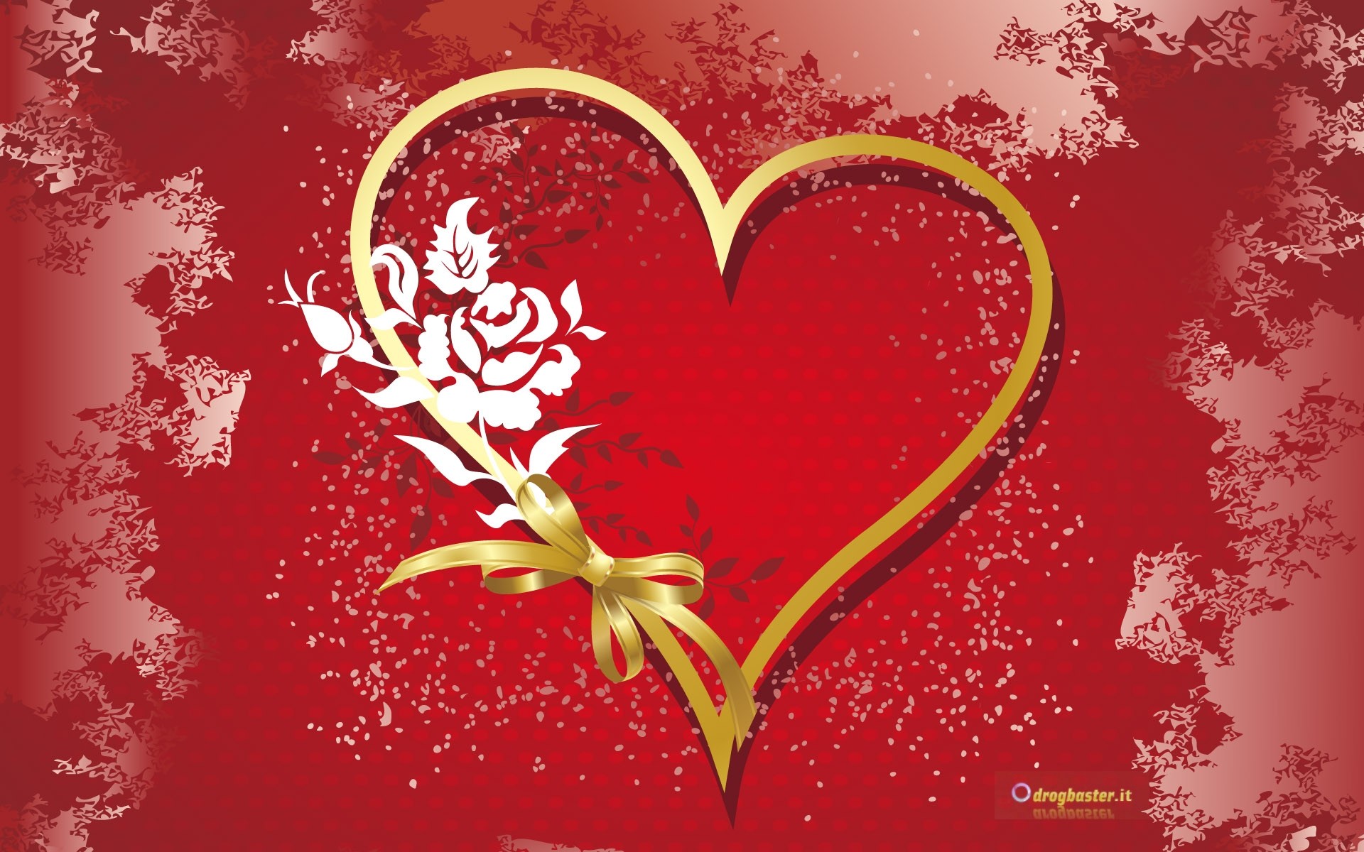 Cuore, Rosa bianca, Fiocco dorato, Rosso, 16:10 Full HD, sfondo widescreen