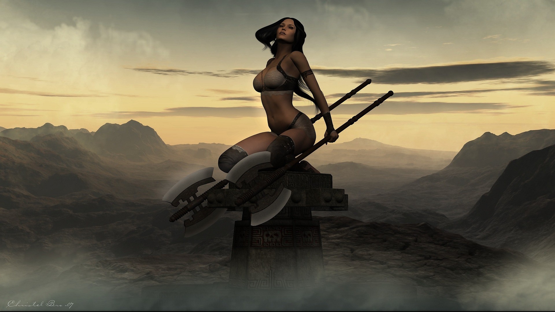 Guerriera, Ascia, Montagne, Fantasy, Full HD, sfondo per PC