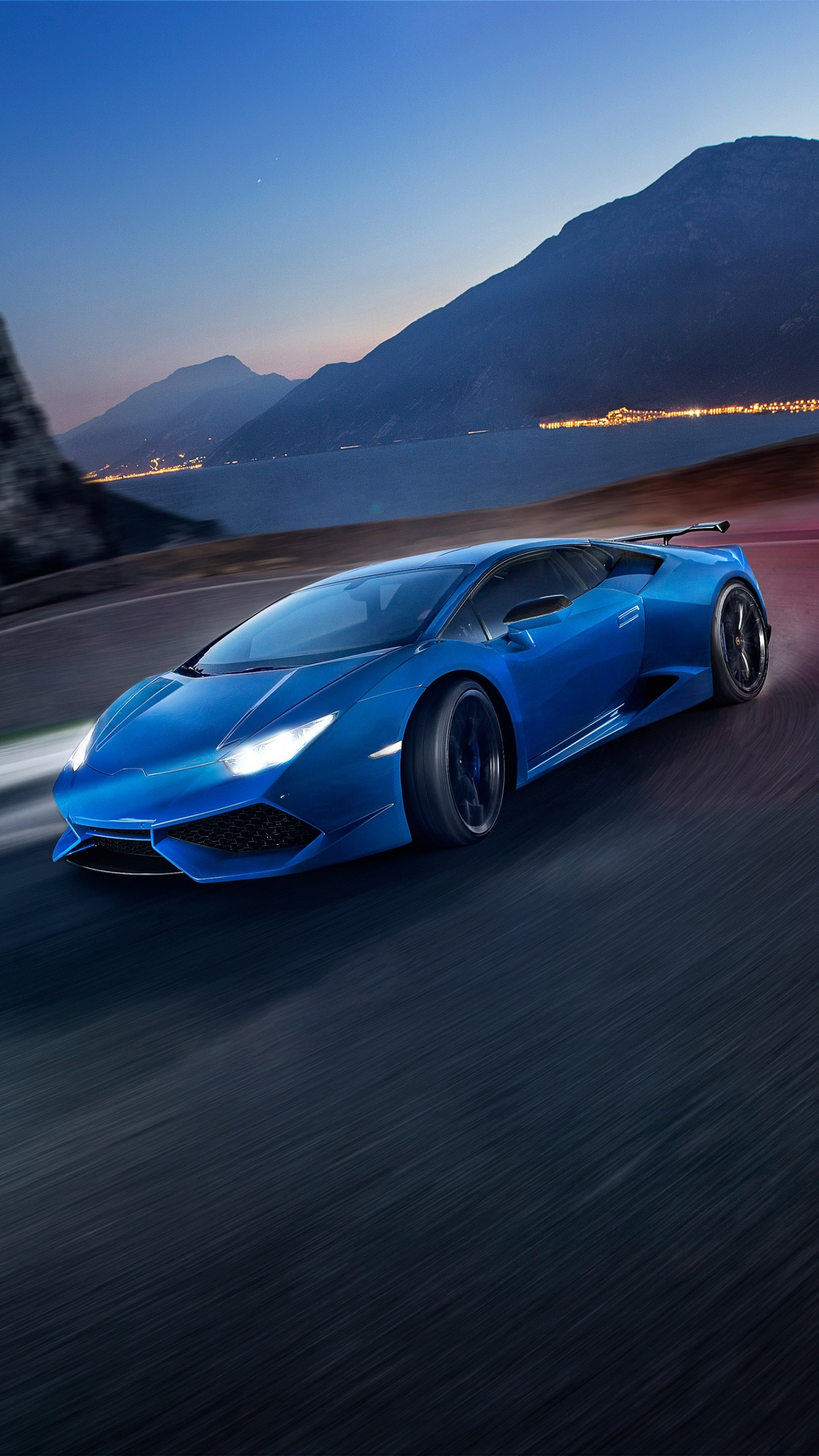 Lamborghini Huracán, Blu, Crepuscolo, Strada, QHD+, schermata di blocco del cellulare