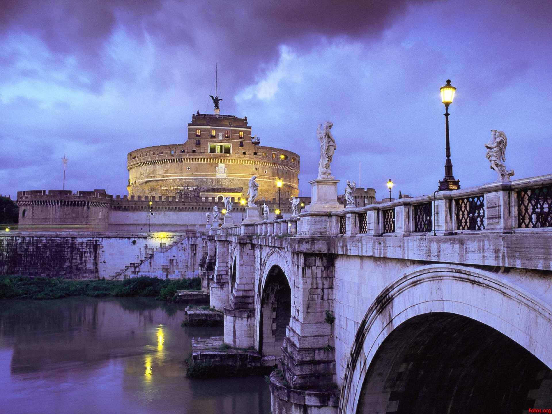Castel Sant'Angelo, Ponte Sant'Angelo, Roma, Italia, Crepuscolo, sfondo Full HD per tablet